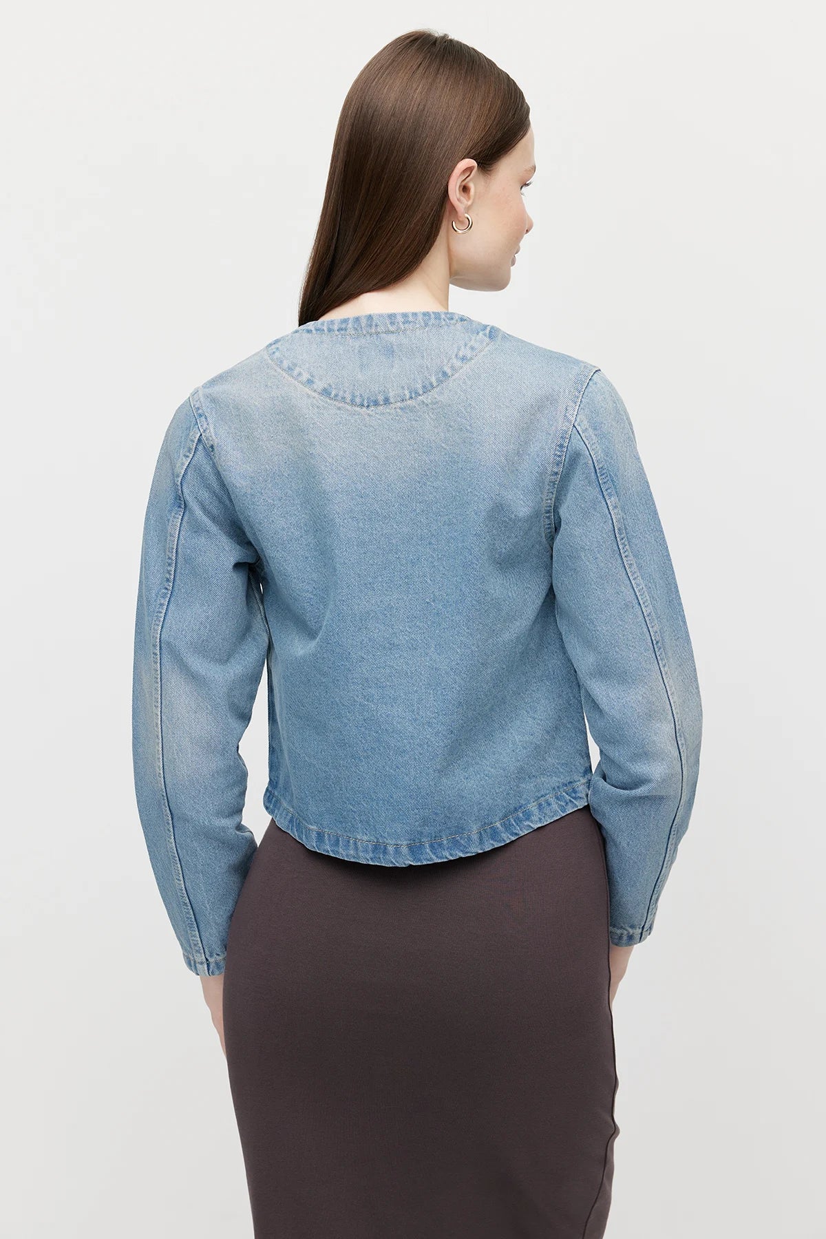 Women's Collarless Denim Jacket with Pocket Detail
