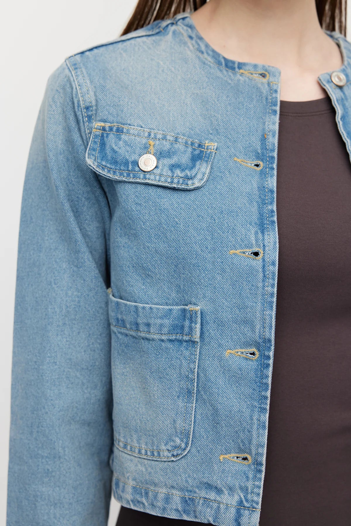 Women's Collarless Denim Jacket with Pocket Detail