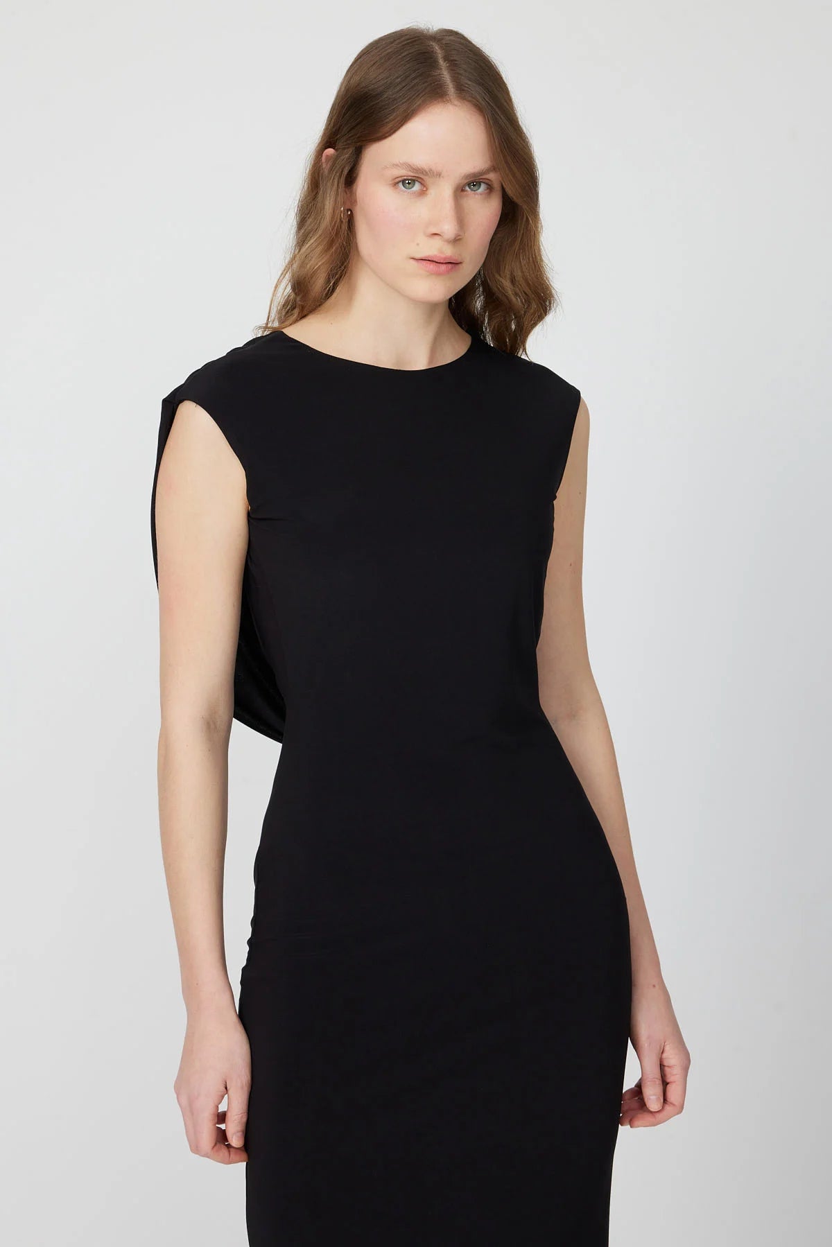 Women's Black Midi Dress with Draped Back Detail