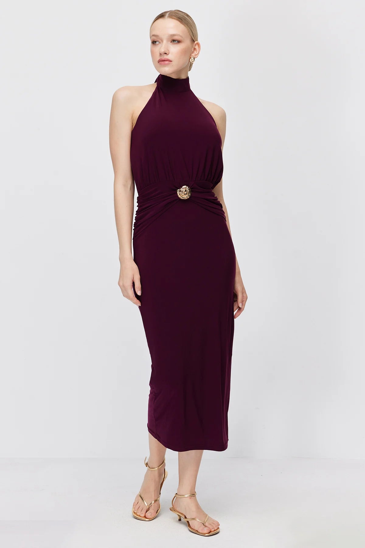 Women's Halter Neck Buckle Midi Dress