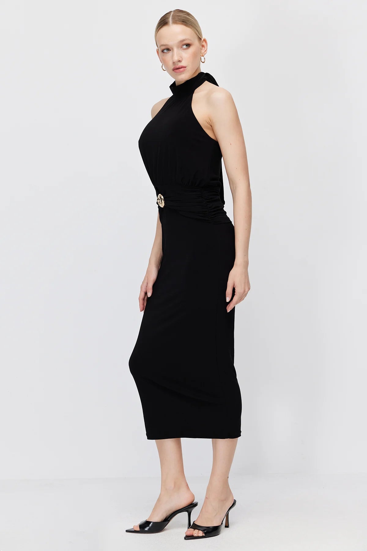 Women's Halter Neck Buckle Midi Dress