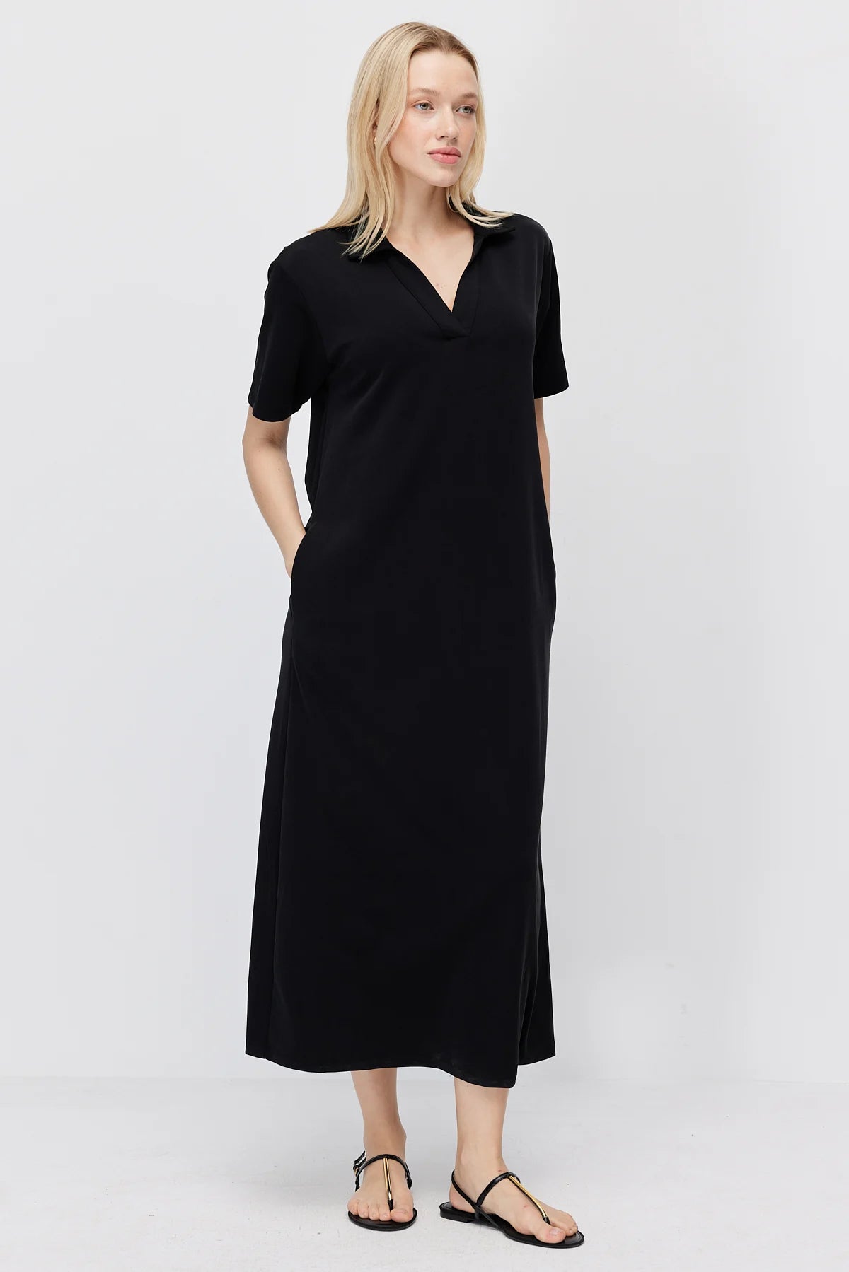 Women's Polo Collar Maxi Dress with Pockets