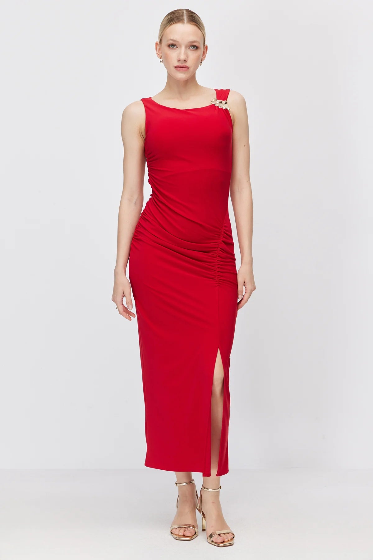 Women's Off-Shoulder Draped Dress with Gold Buckle