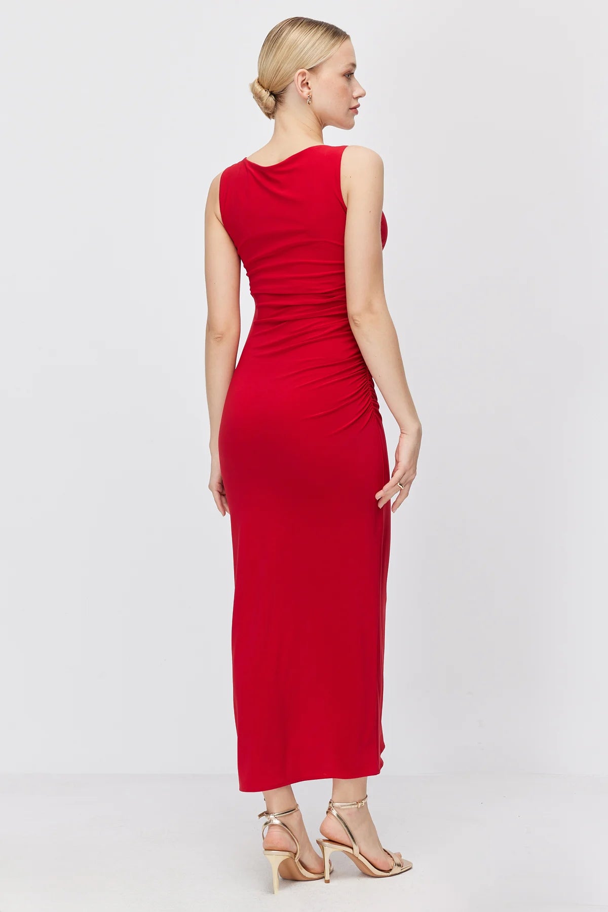 Women's Off-Shoulder Draped Dress with Gold Buckle
