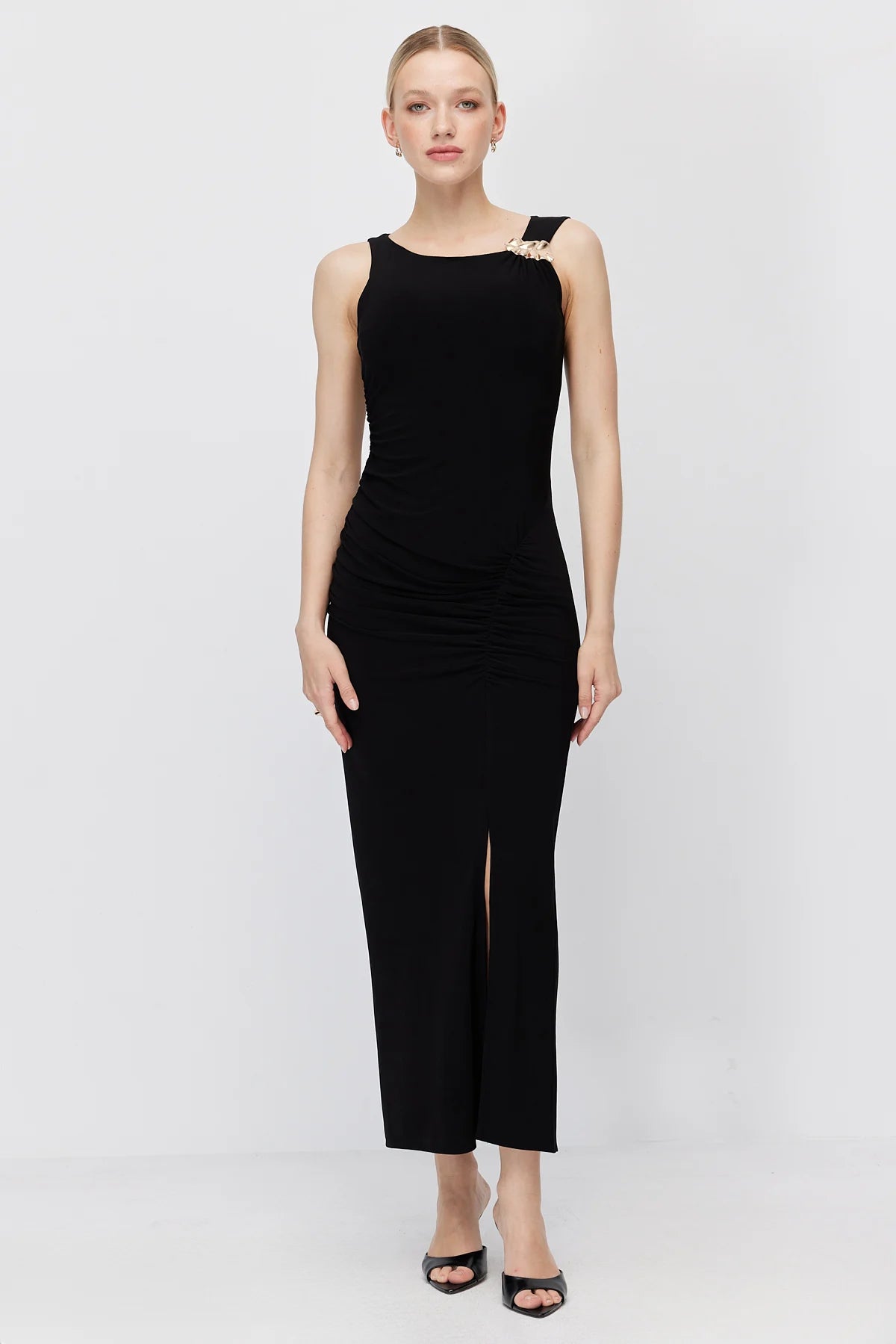 Women's Off-Shoulder Draped Dress with Gold Buckle