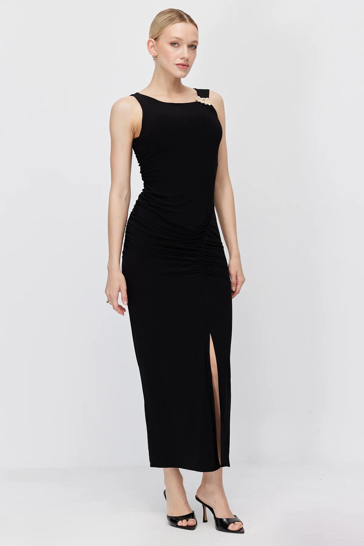 Women's Off-Shoulder Draped Dress with Gold Buckle