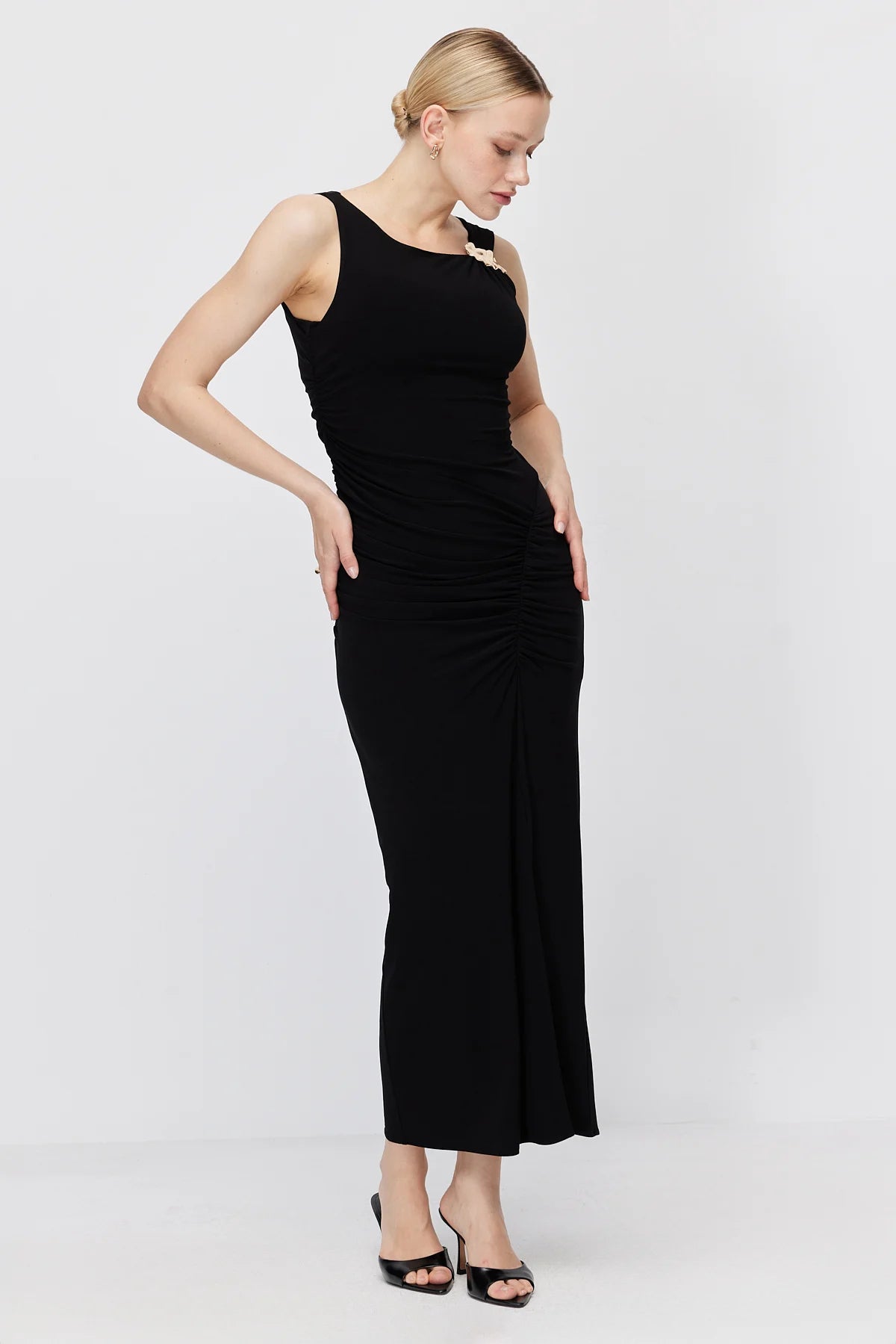 Women's Off-Shoulder Draped Dress with Gold Buckle