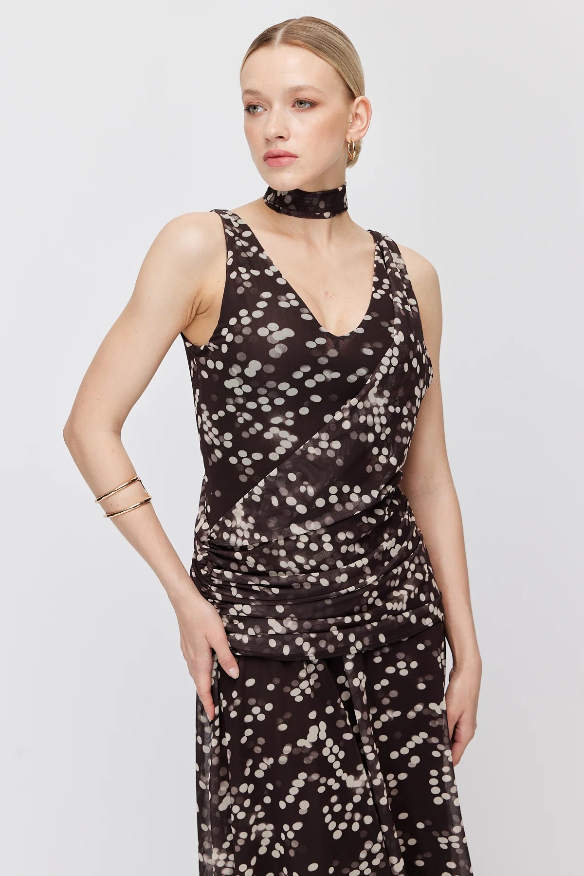Women's Polka Dot Maxi Dress with Scarf Detail