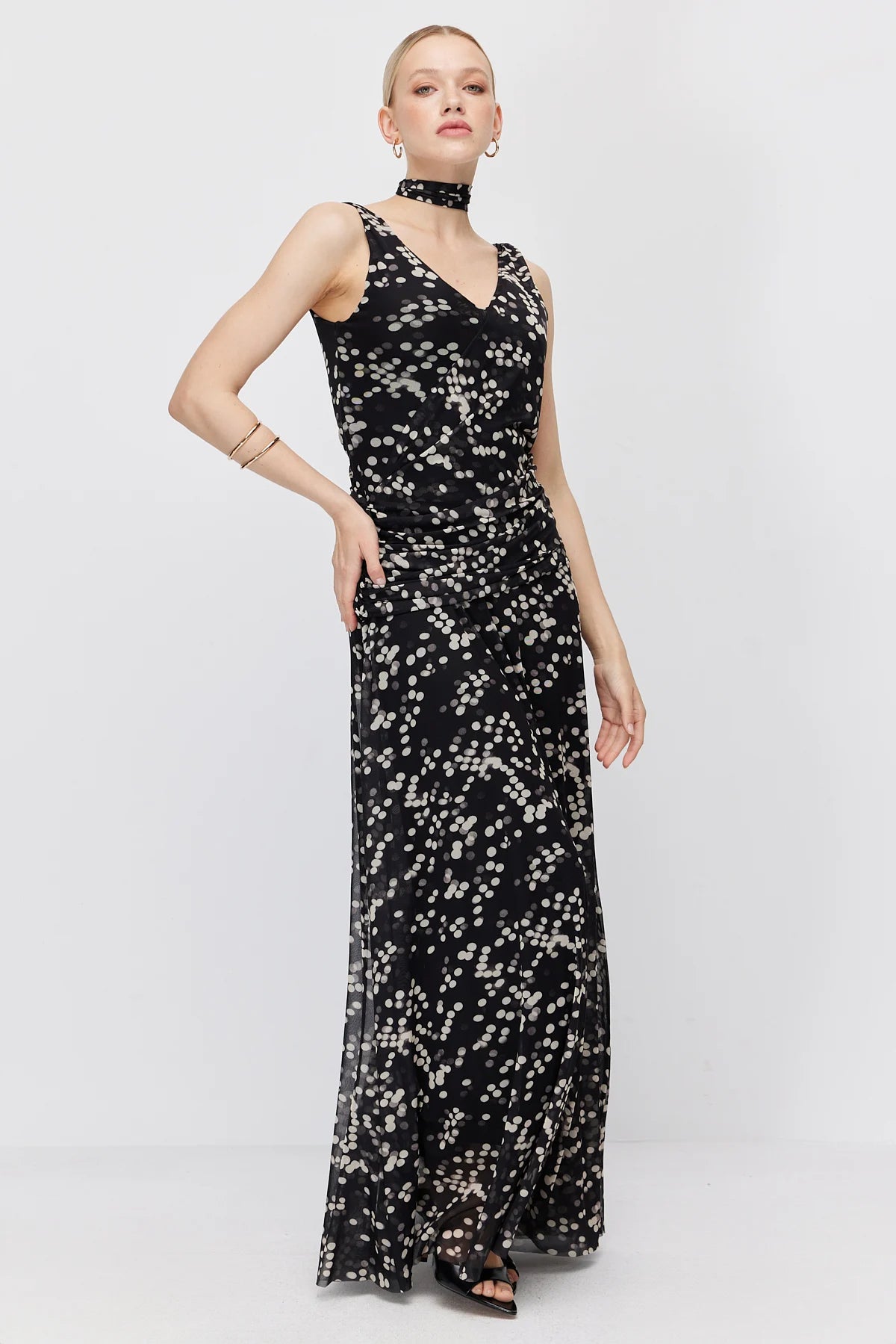 Women's Polka Dot Maxi Dress with Scarf Detail