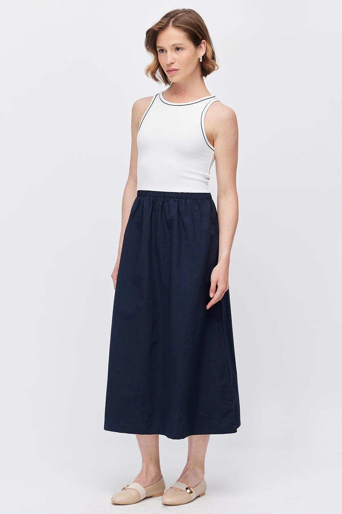 Women's Midi Dress with Contrast Stripe Ribbed Top