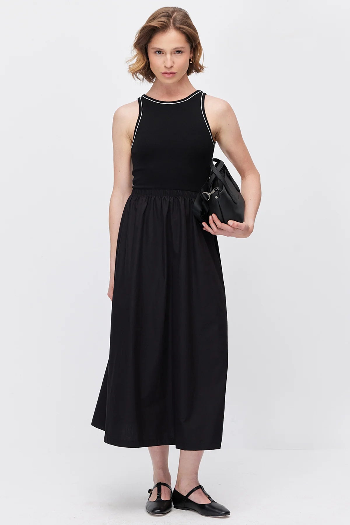Women's Midi Dress with Contrast Stripe Ribbed Top