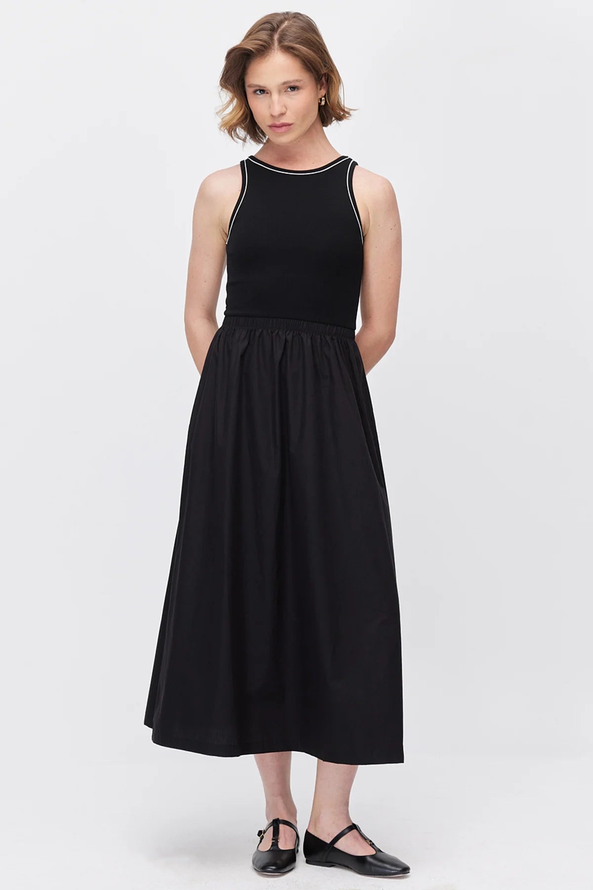 Women's Midi Dress with Contrast Stripe Ribbed Top