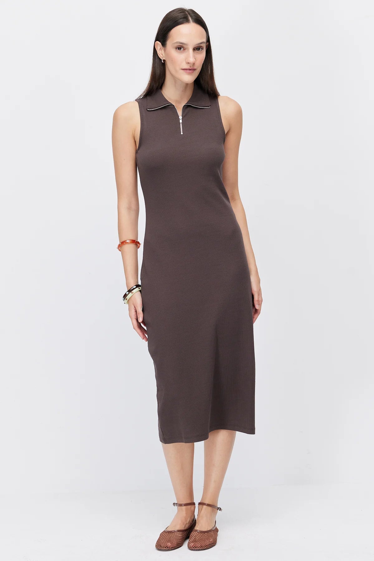 Women's Polo Collar Sleeveless Brown Midi Dress