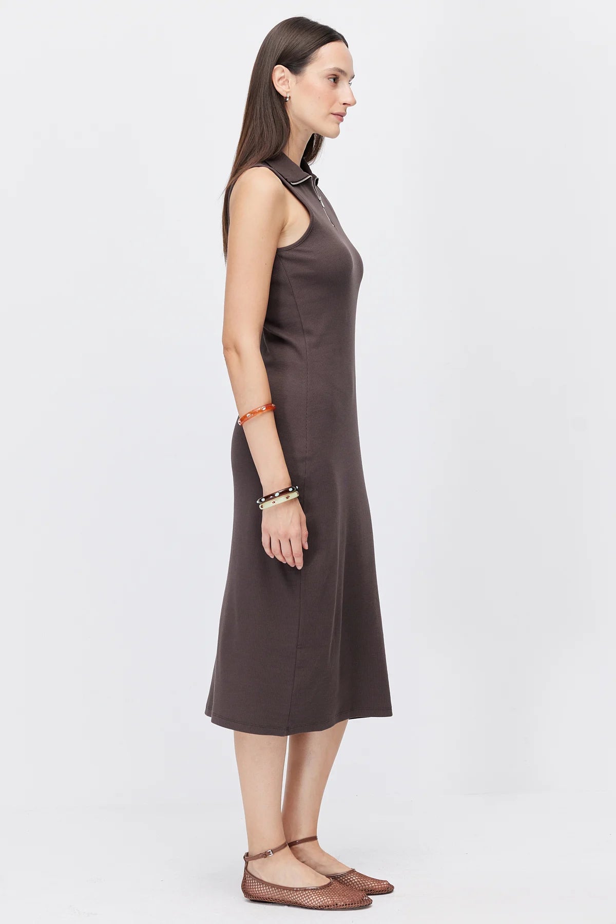 Women's Polo Collar Sleeveless Brown Midi Dress