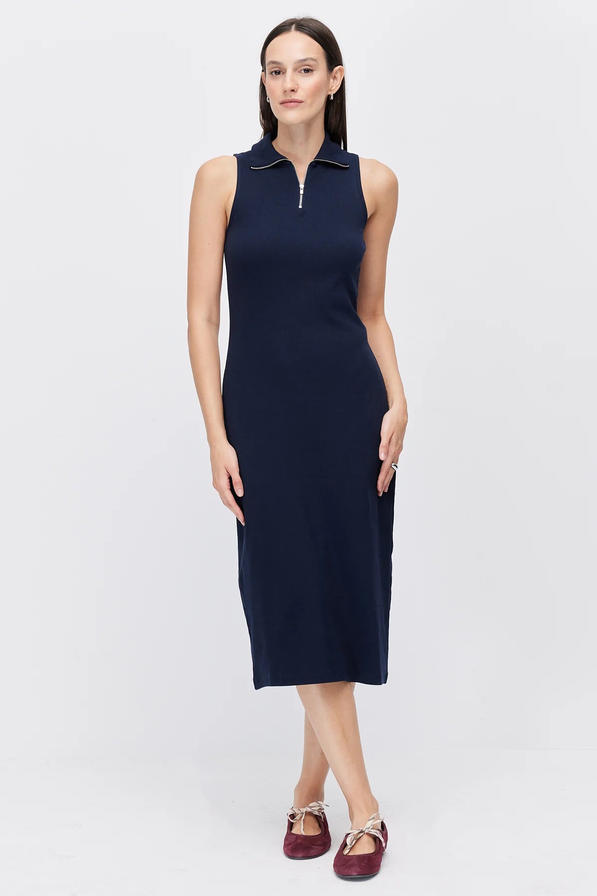 Women's Polo Collar Sleeveless Brown Midi Dress