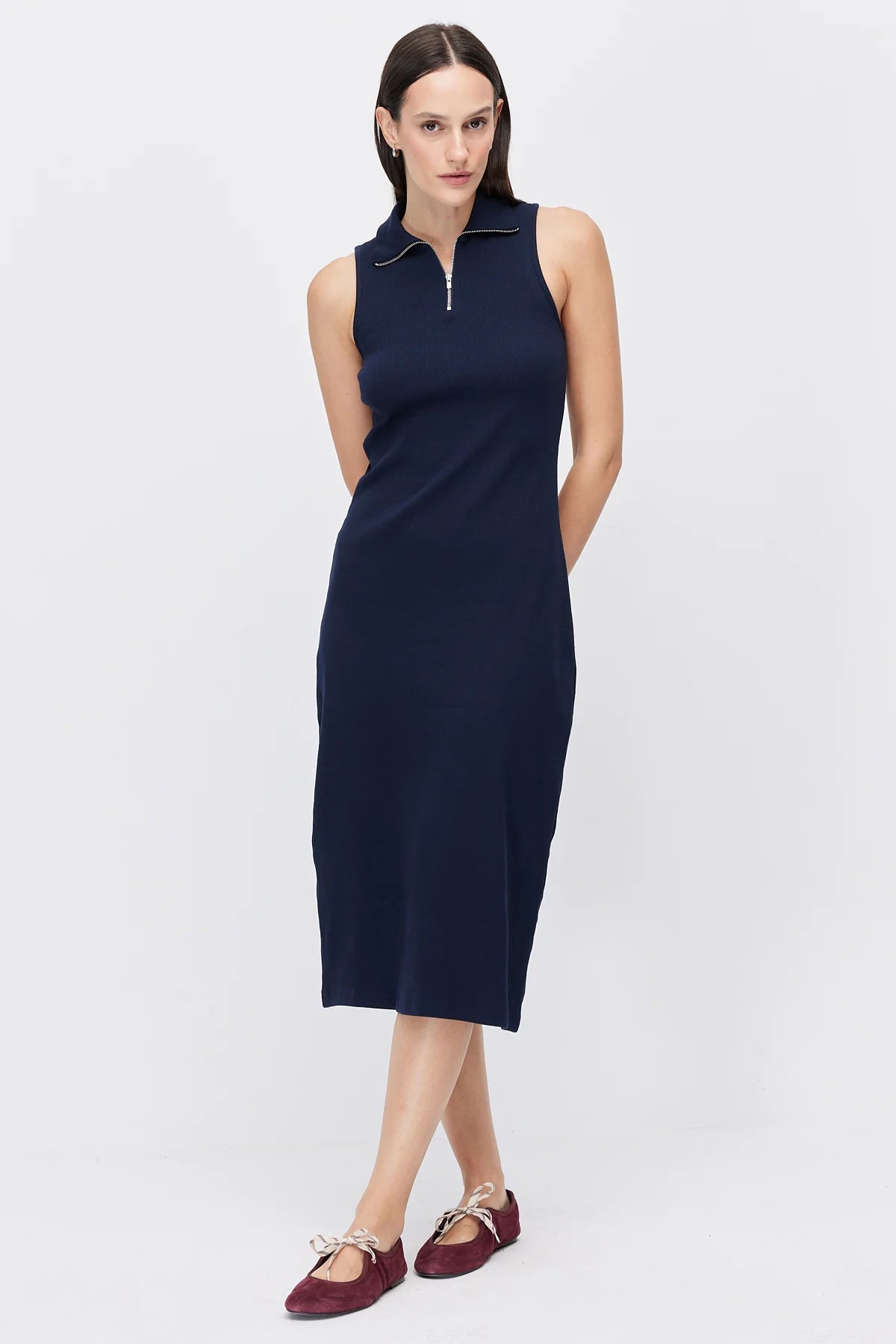 Women's Polo Collar Sleeveless Brown Midi Dress