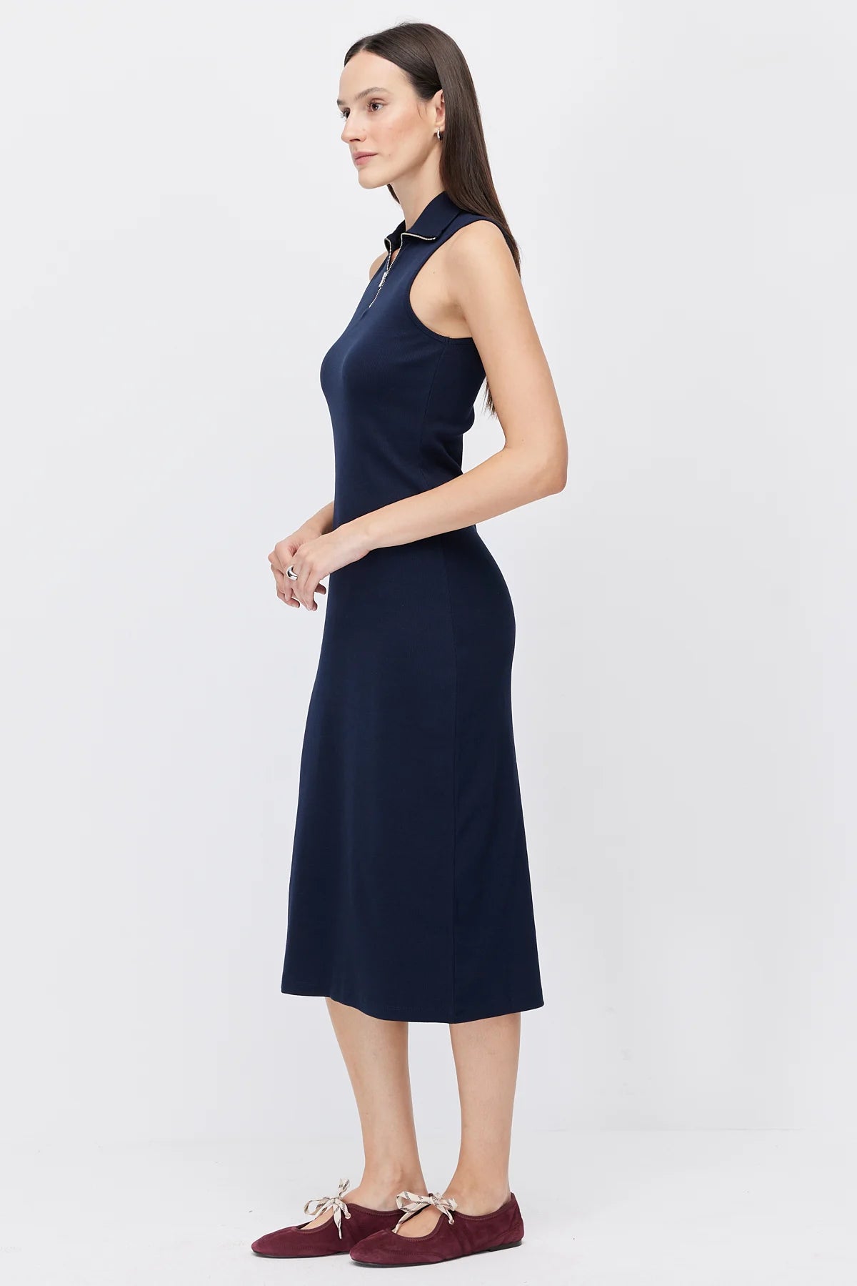 Women's Polo Collar Sleeveless Brown Midi Dress