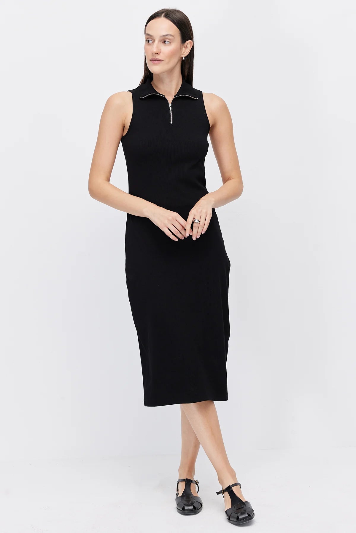 Women's Polo Collar Sleeveless Brown Midi Dress