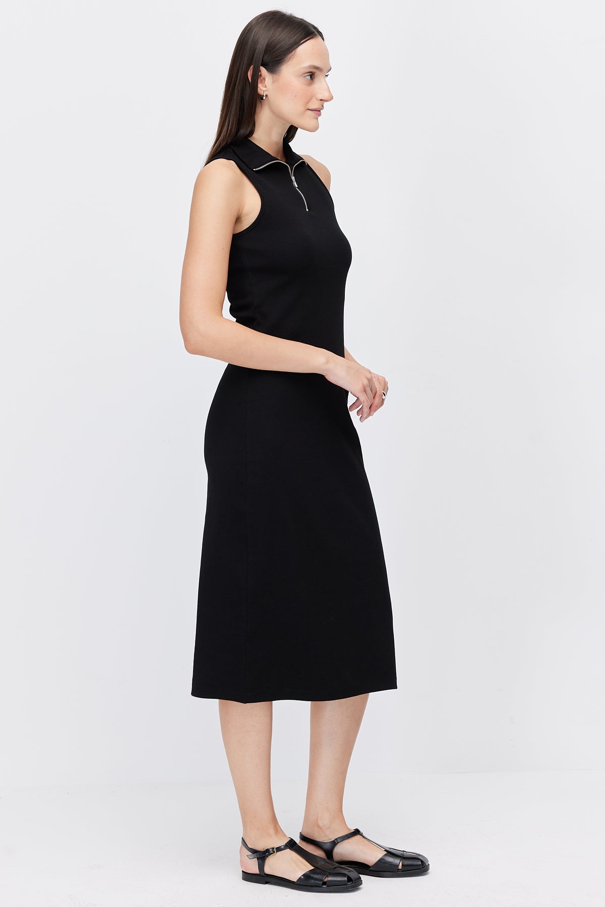 Women's Polo Collar Sleeveless Brown Midi Dress