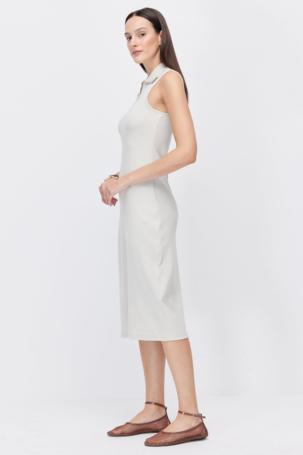 Women's Polo Collar Sleeveless Brown Midi Dress