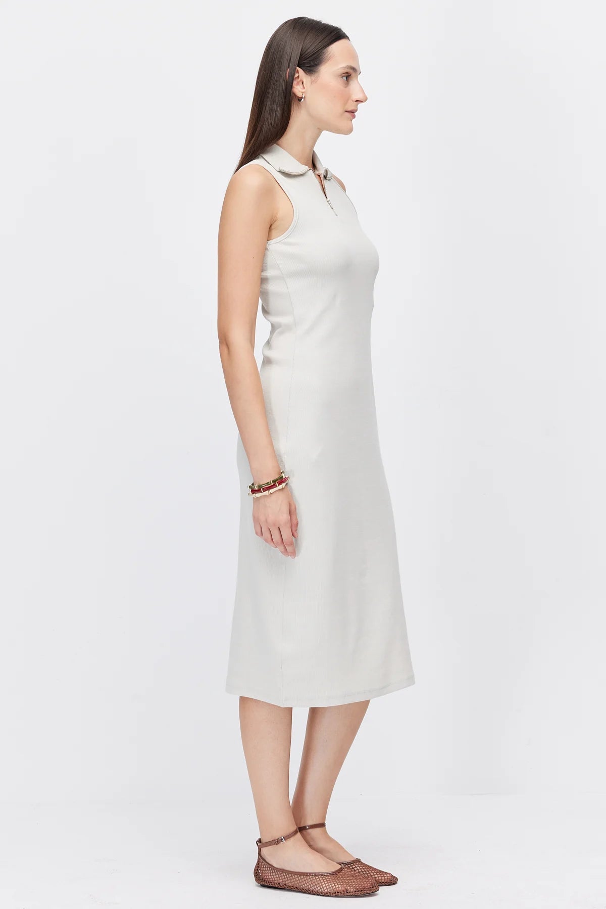 Women's Polo Collar Sleeveless Brown Midi Dress