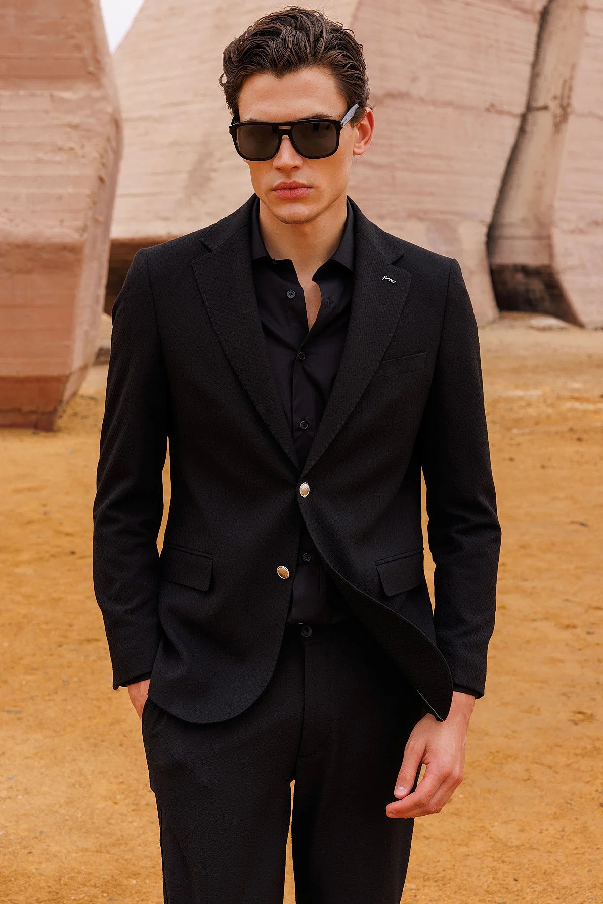 Men's Mono Collar Double-Button Textured Jacket