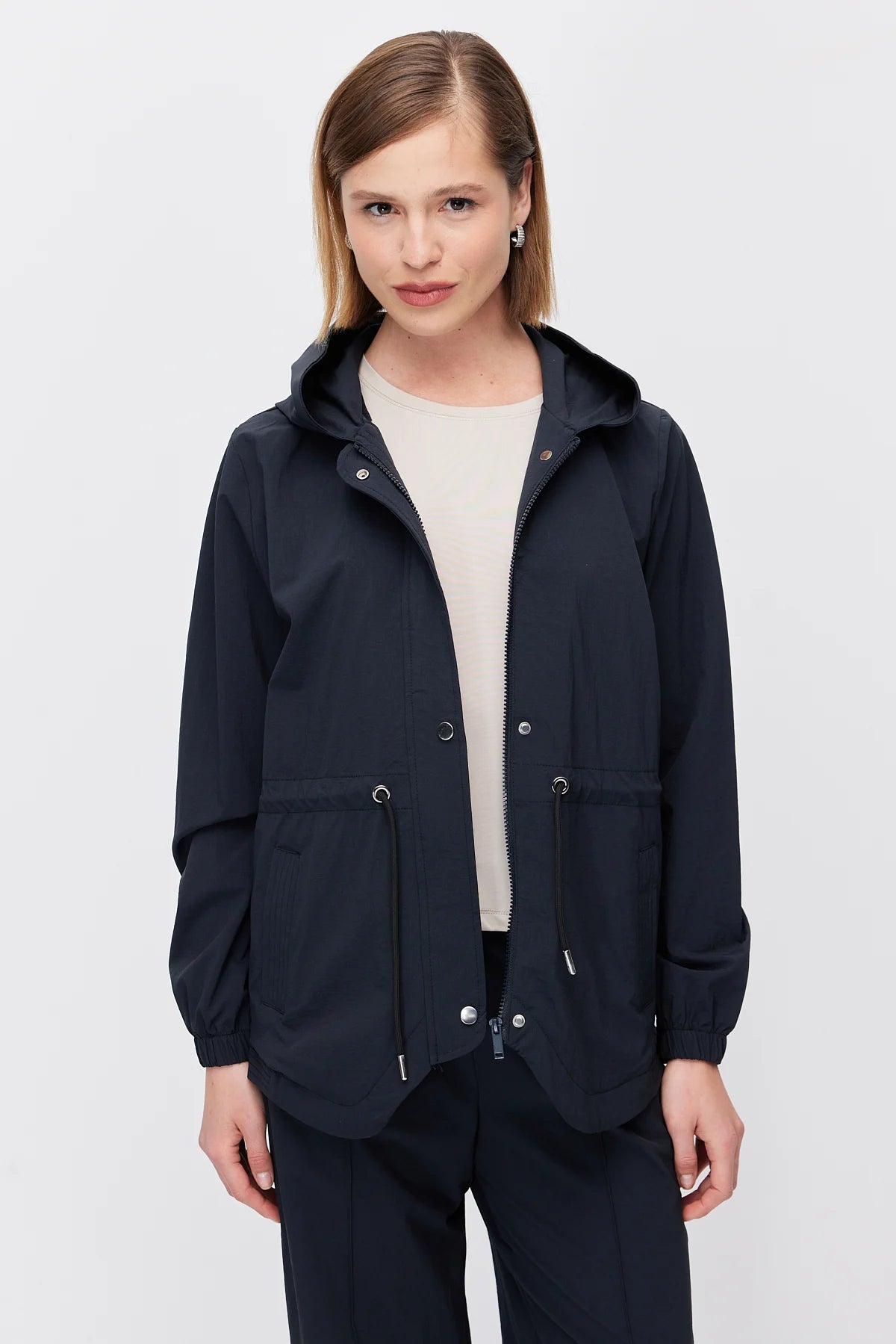 Women's Hooded Windbreaker Jacket with Adjustable Waist