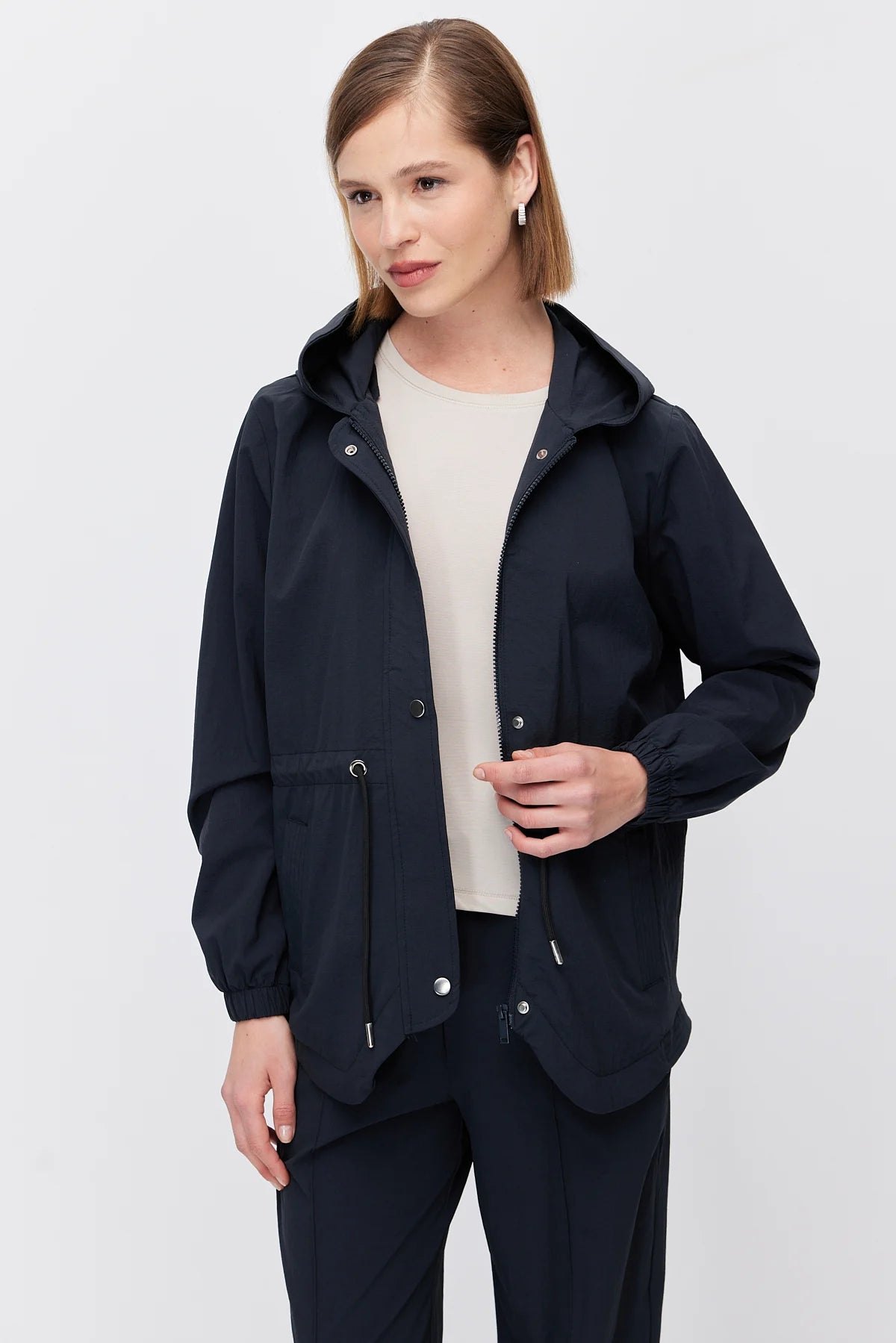 Women's Hooded Windbreaker Jacket with Adjustable Waist