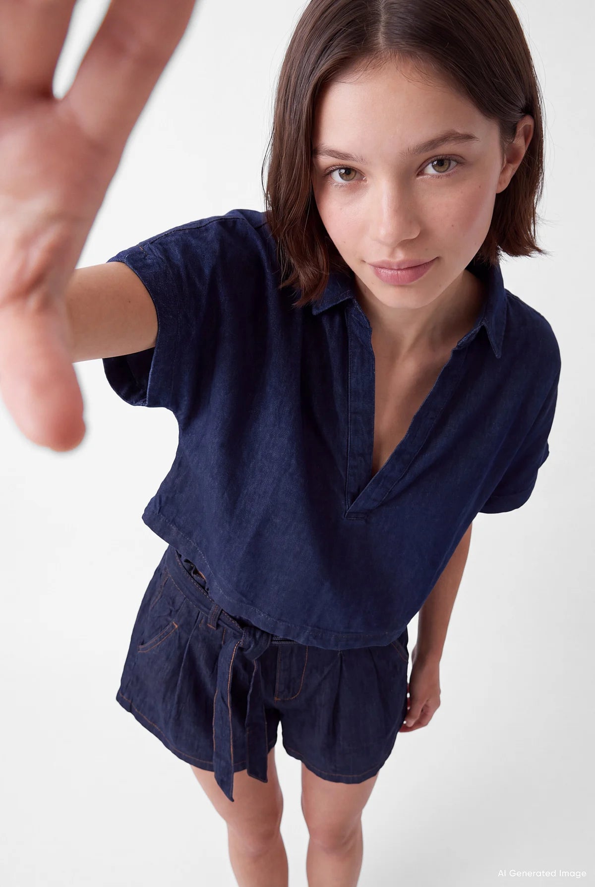 Women's V-Neck Denim Crop Shirt