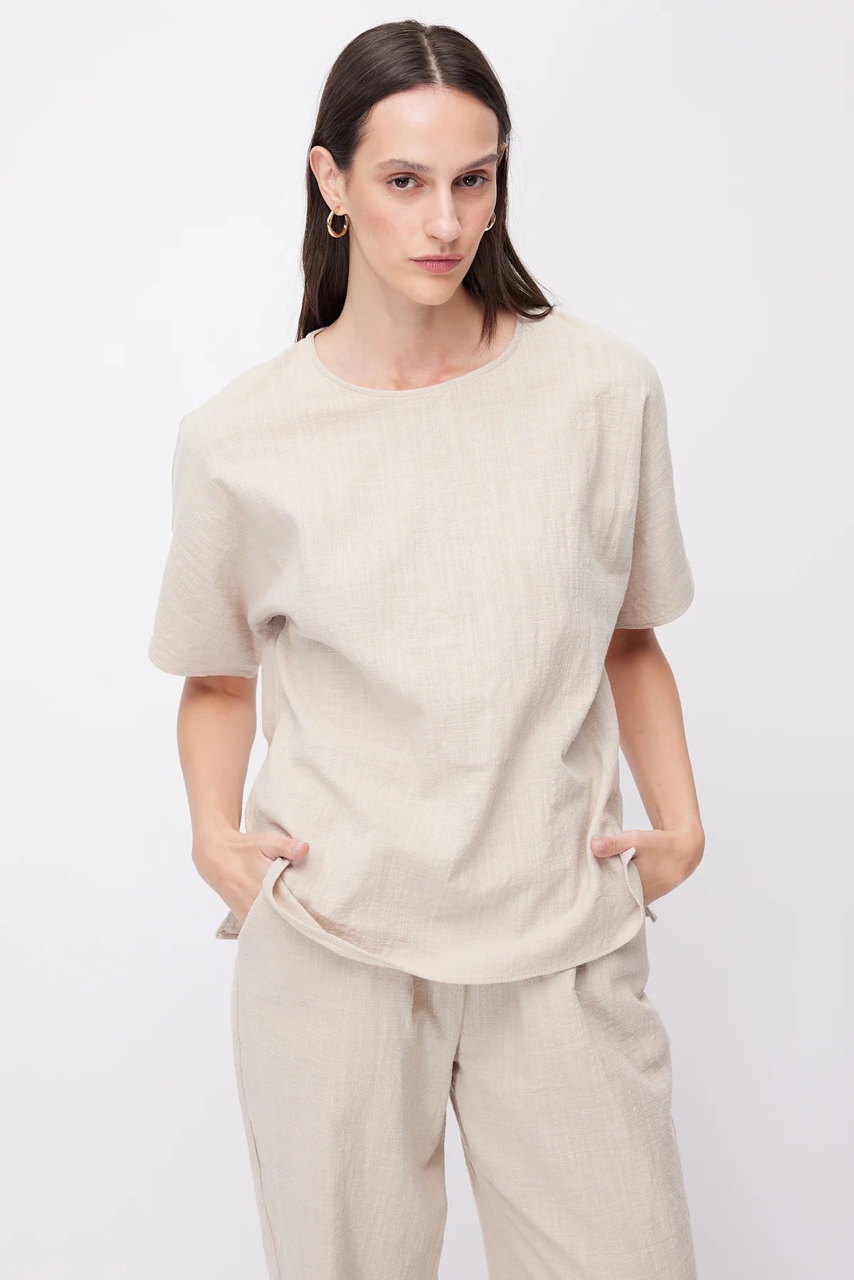Women's Crew Neck Dropped Shoulder Short Sleeve Linen Blouse
