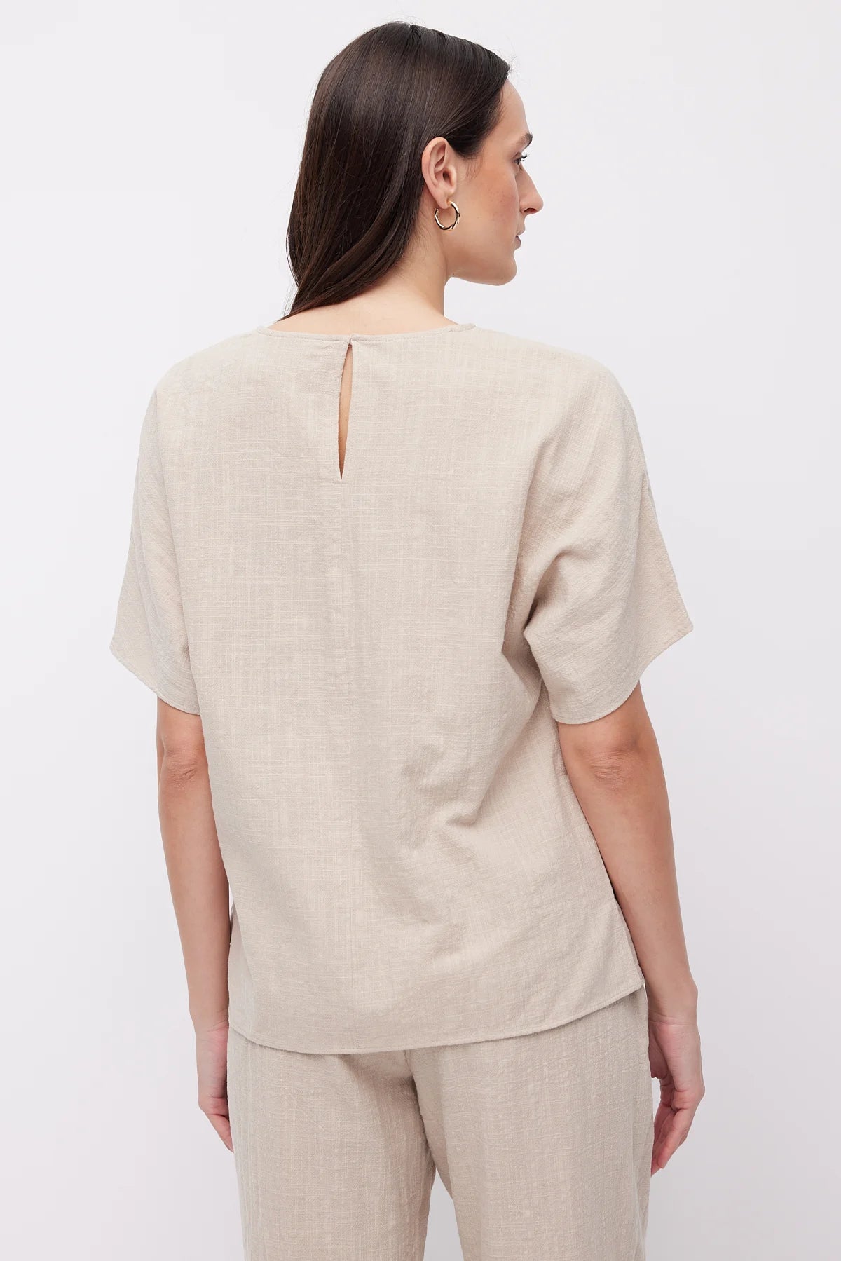 Women's Crew Neck Dropped Shoulder Short Sleeve Linen Blouse