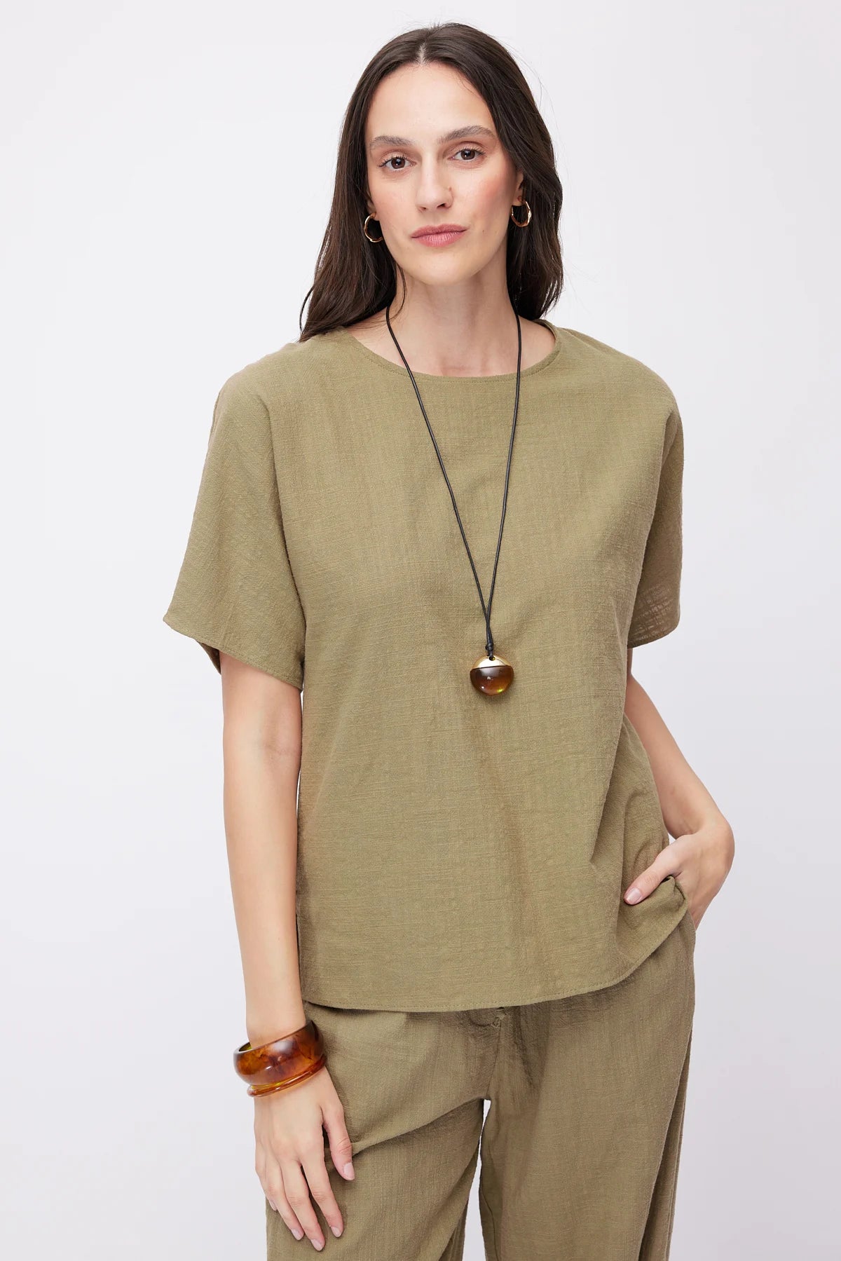 Women's Crew Neck Dropped Shoulder Short Sleeve Linen Blouse