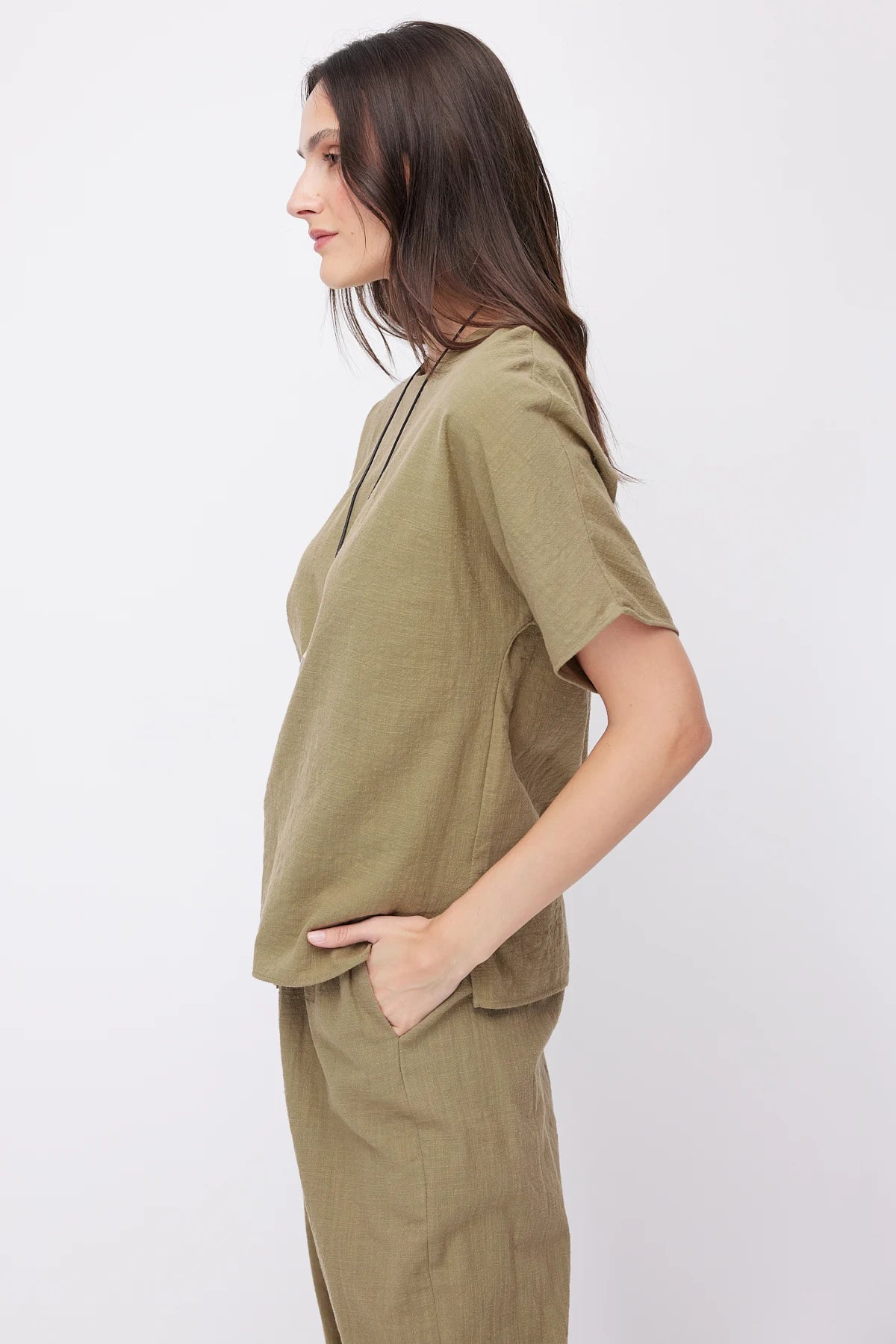 Women's Crew Neck Dropped Shoulder Short Sleeve Linen Blouse