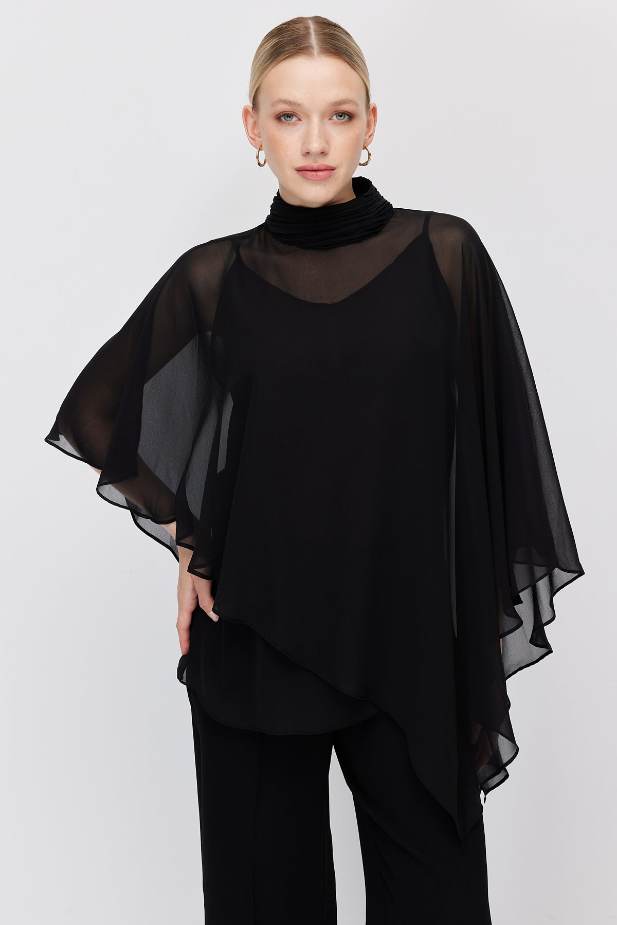 Women's Chiffon Cape Detail High Neck Blouse