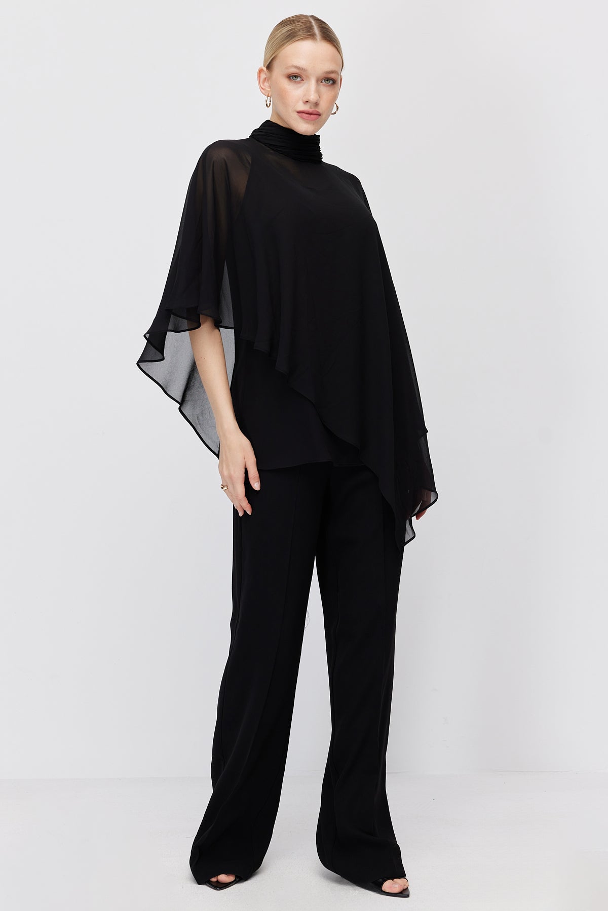 Women's Chiffon Cape Detail High Neck Blouse