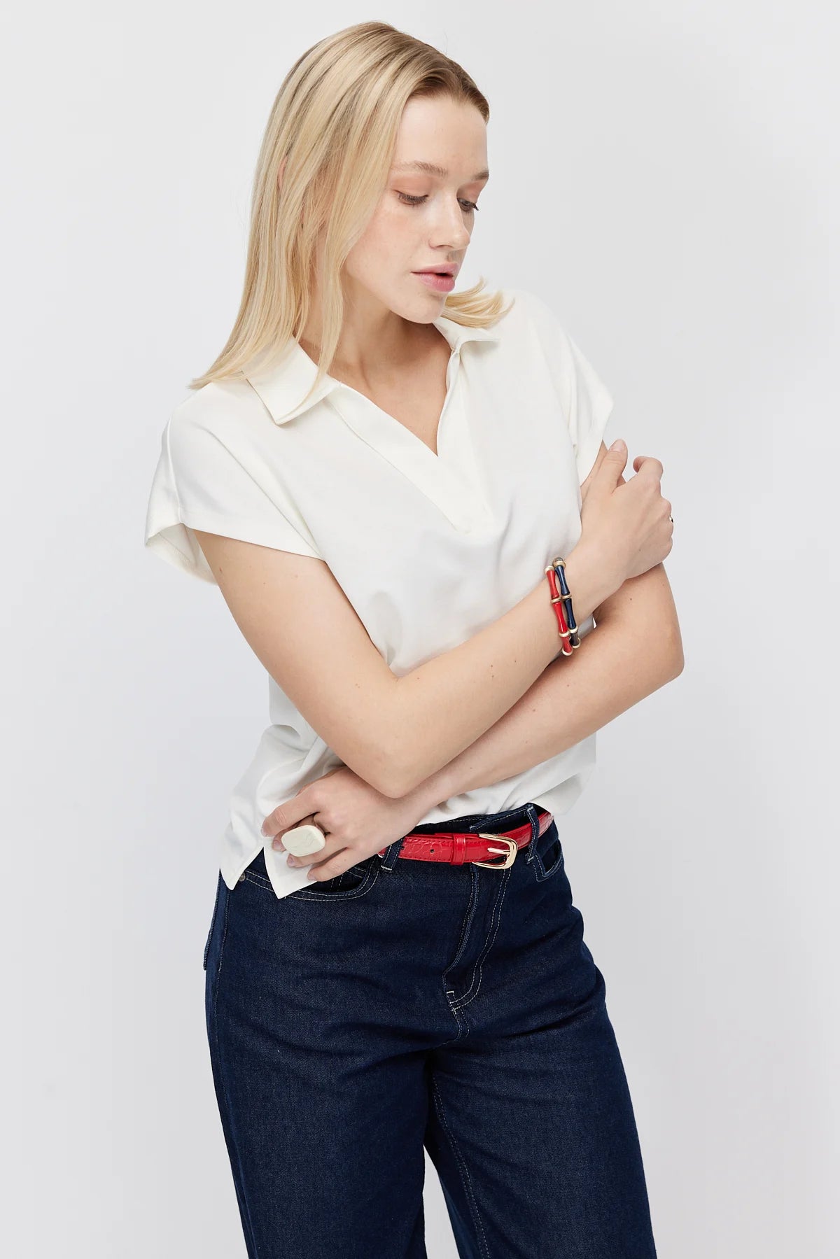 Women's Polo Collar V-Neck Short-Sleeve Blouse