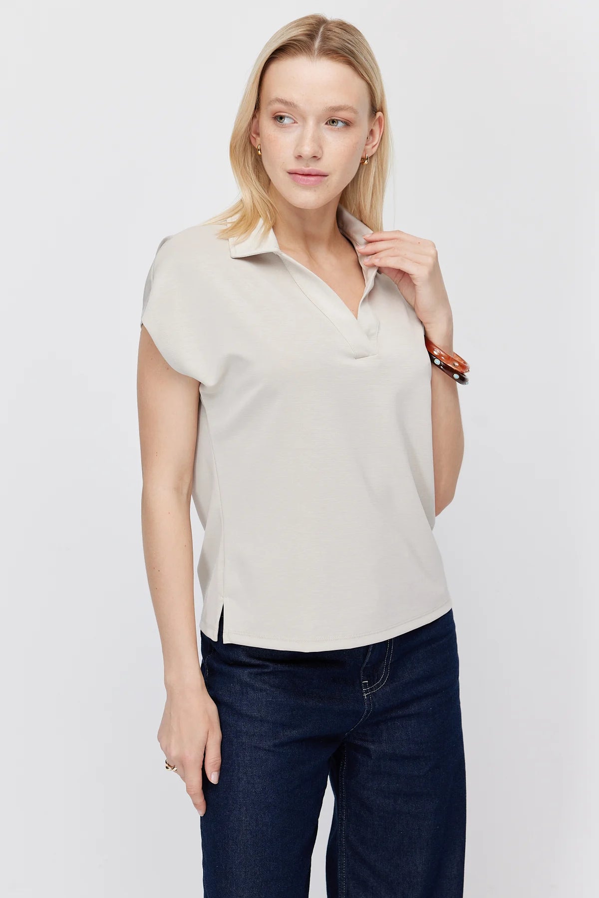Women's Polo Collar V-Neck Short-Sleeve Blouse