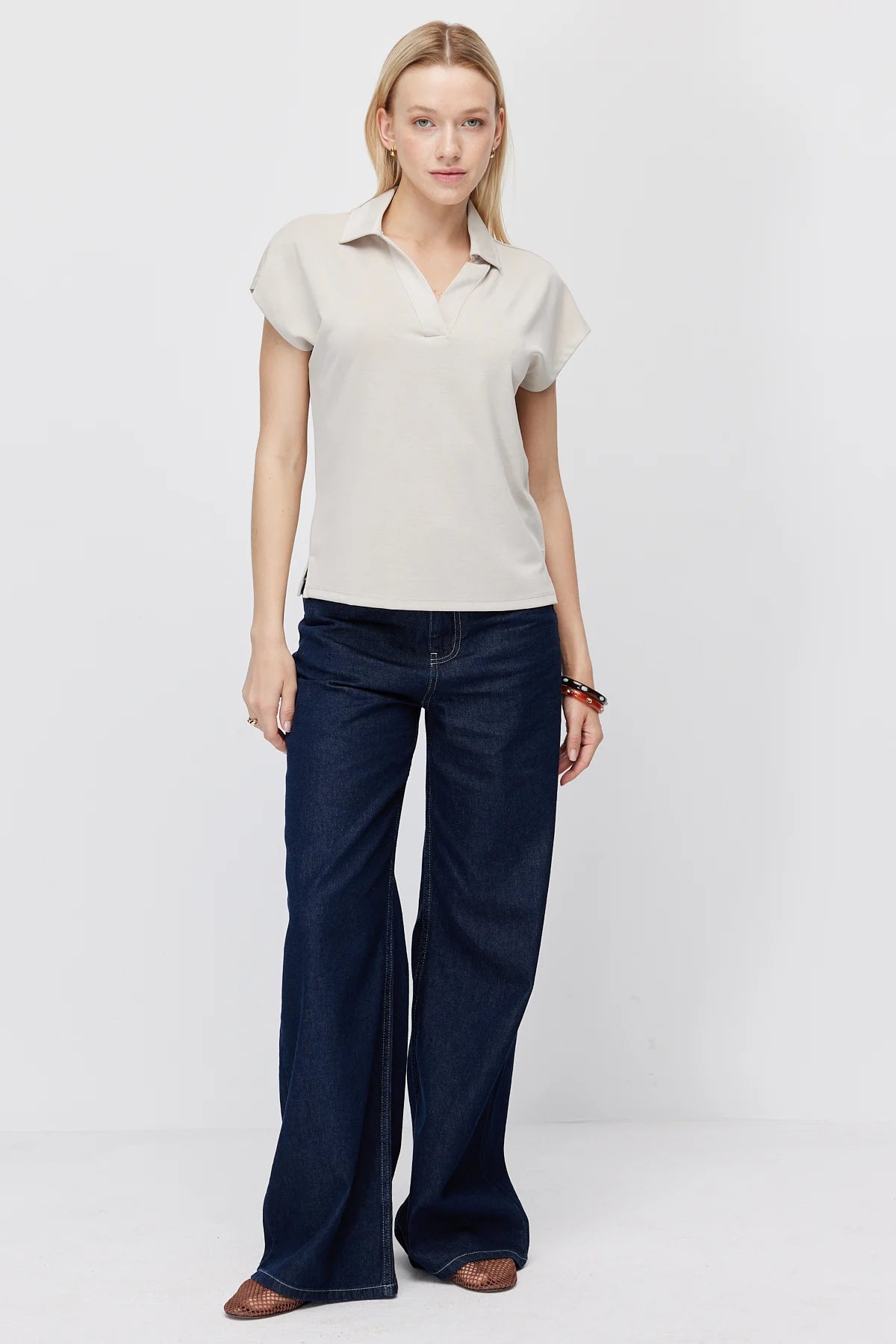 Women's Polo Collar V-Neck Short-Sleeve Blouse