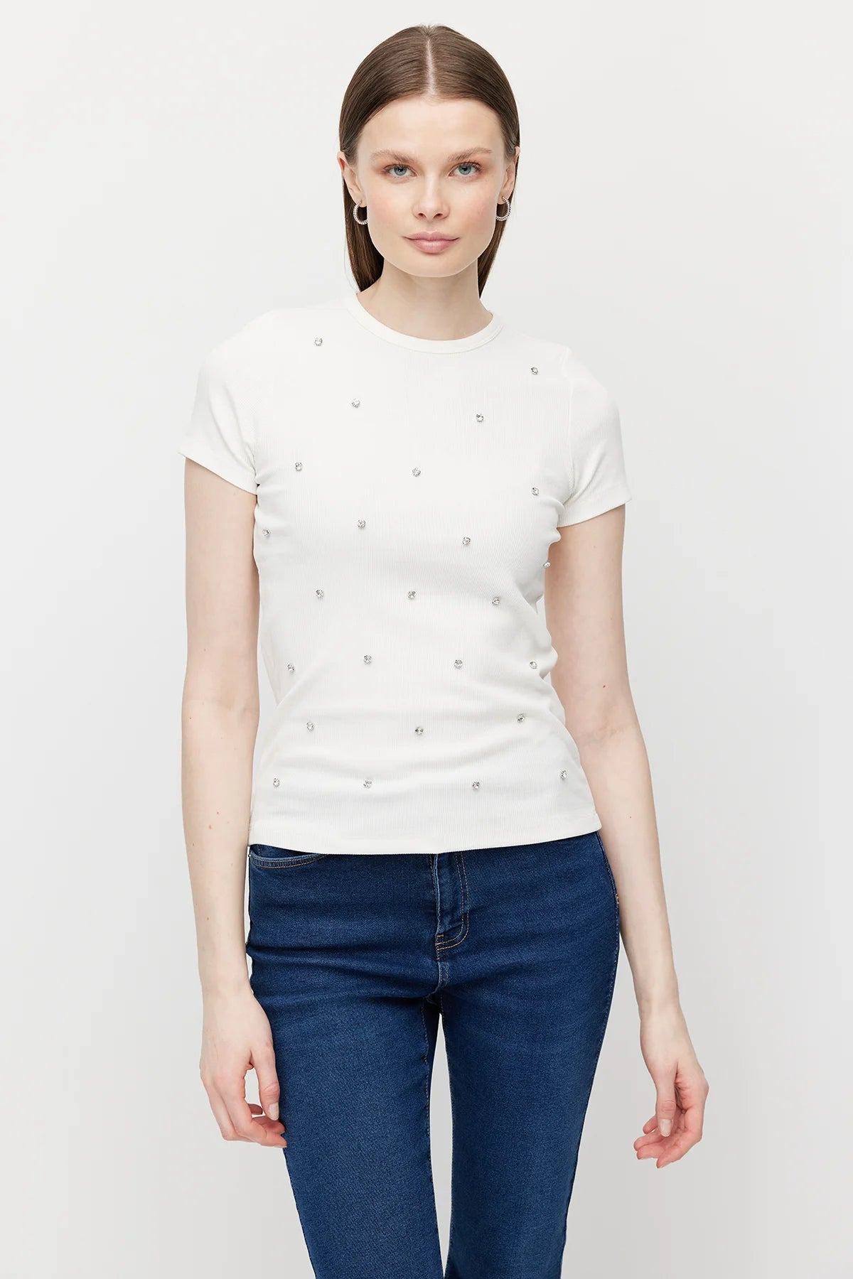Women's Crew Neck Blouse with Rhinestones