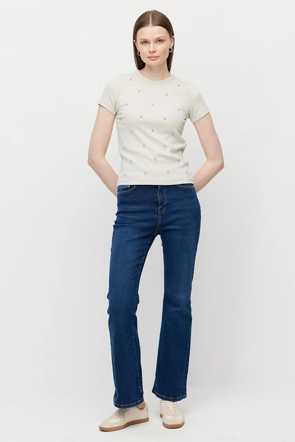 Women's Crew Neck Blouse with Rhinestones