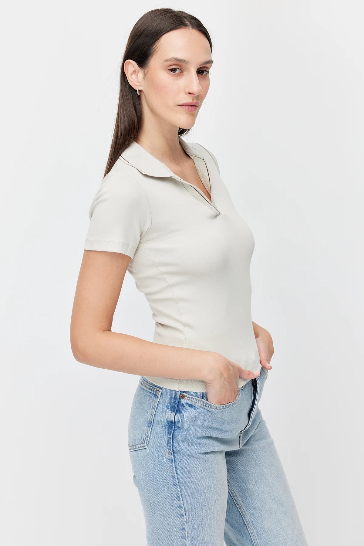Women's Polo Collar Bodysuit with Contrast Stitching