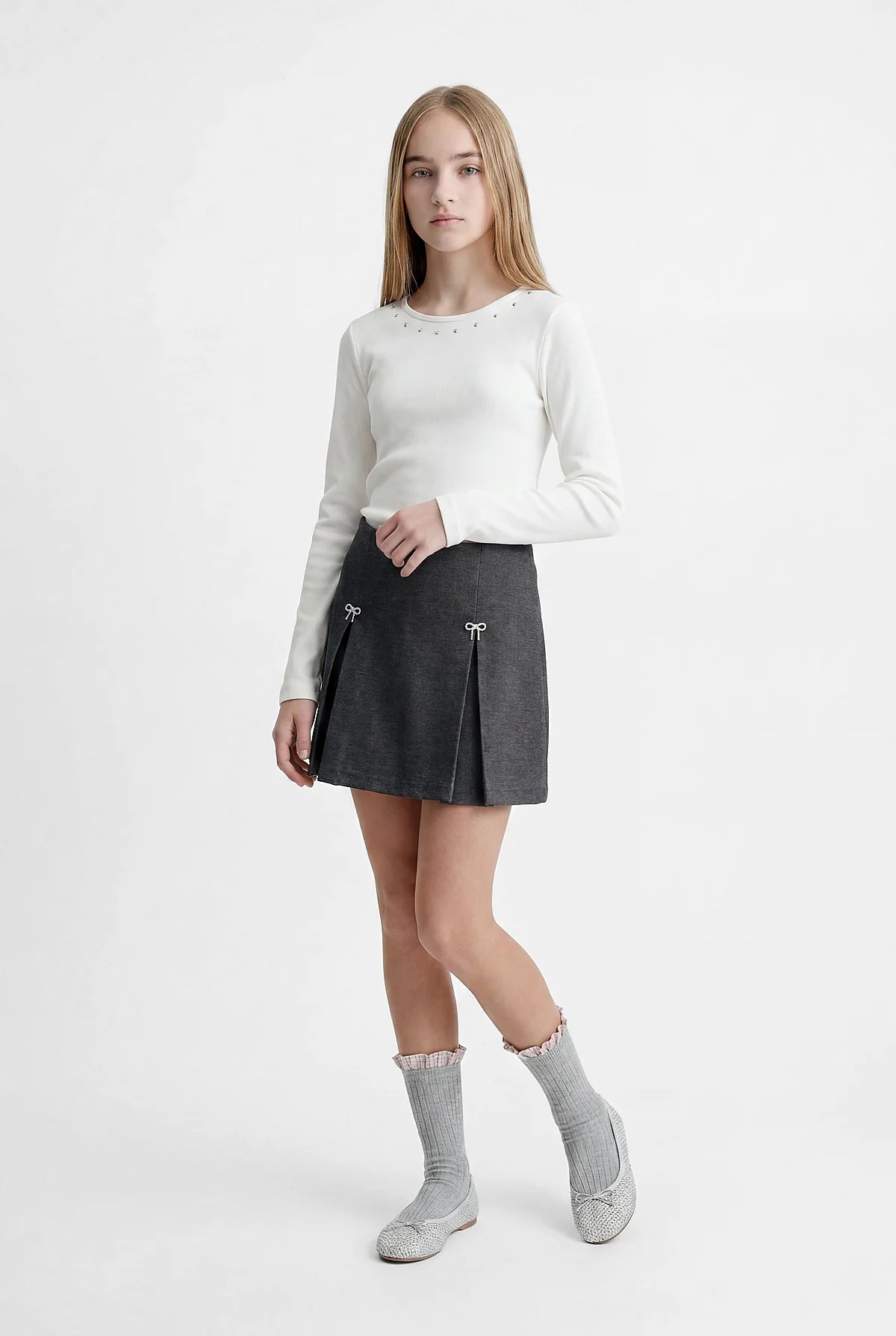 Girl's Blouse with Sparkling Stone Embellishment Around the Neckline