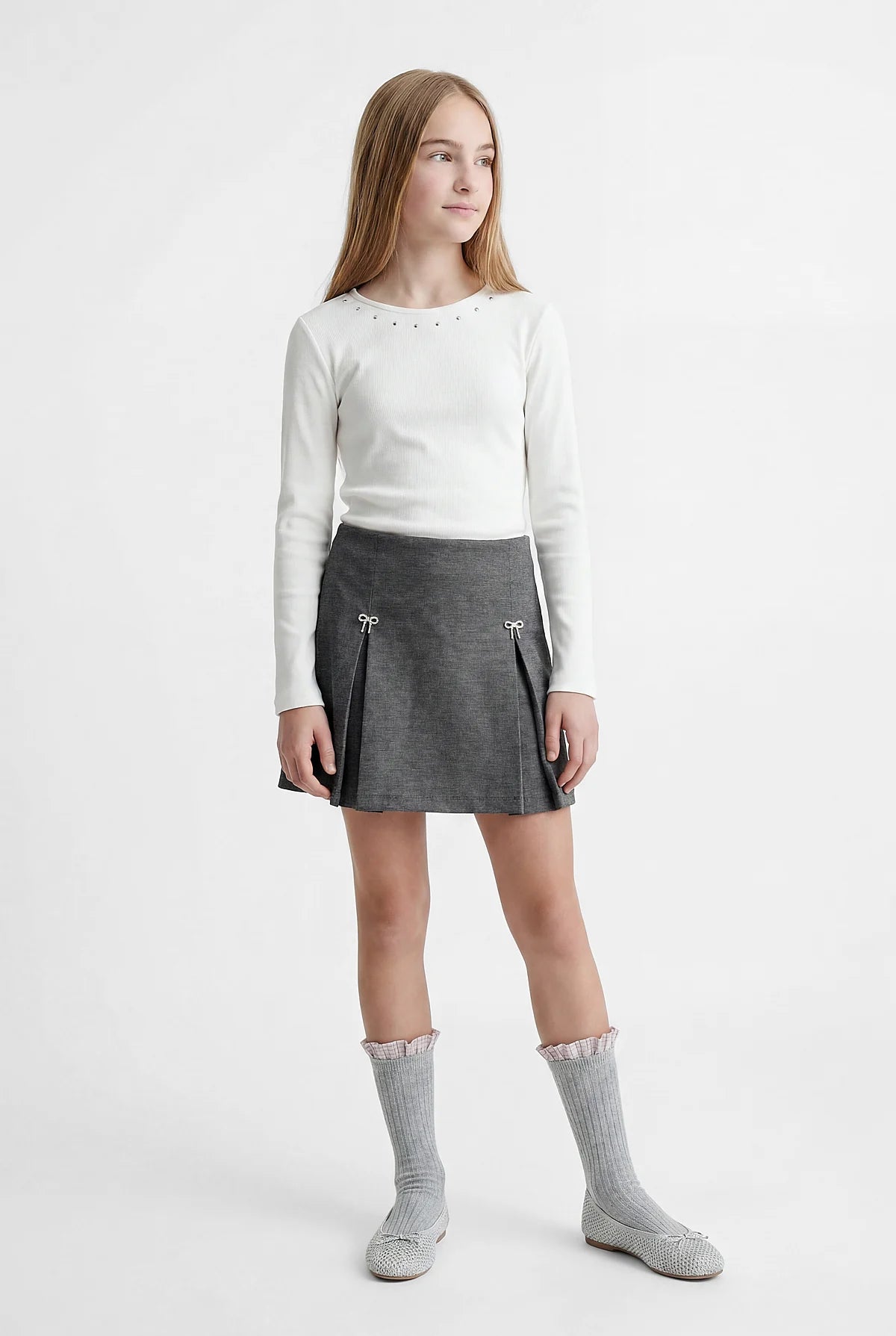 Girl's Blouse with Sparkling Stone Embellishment Around the Neckline