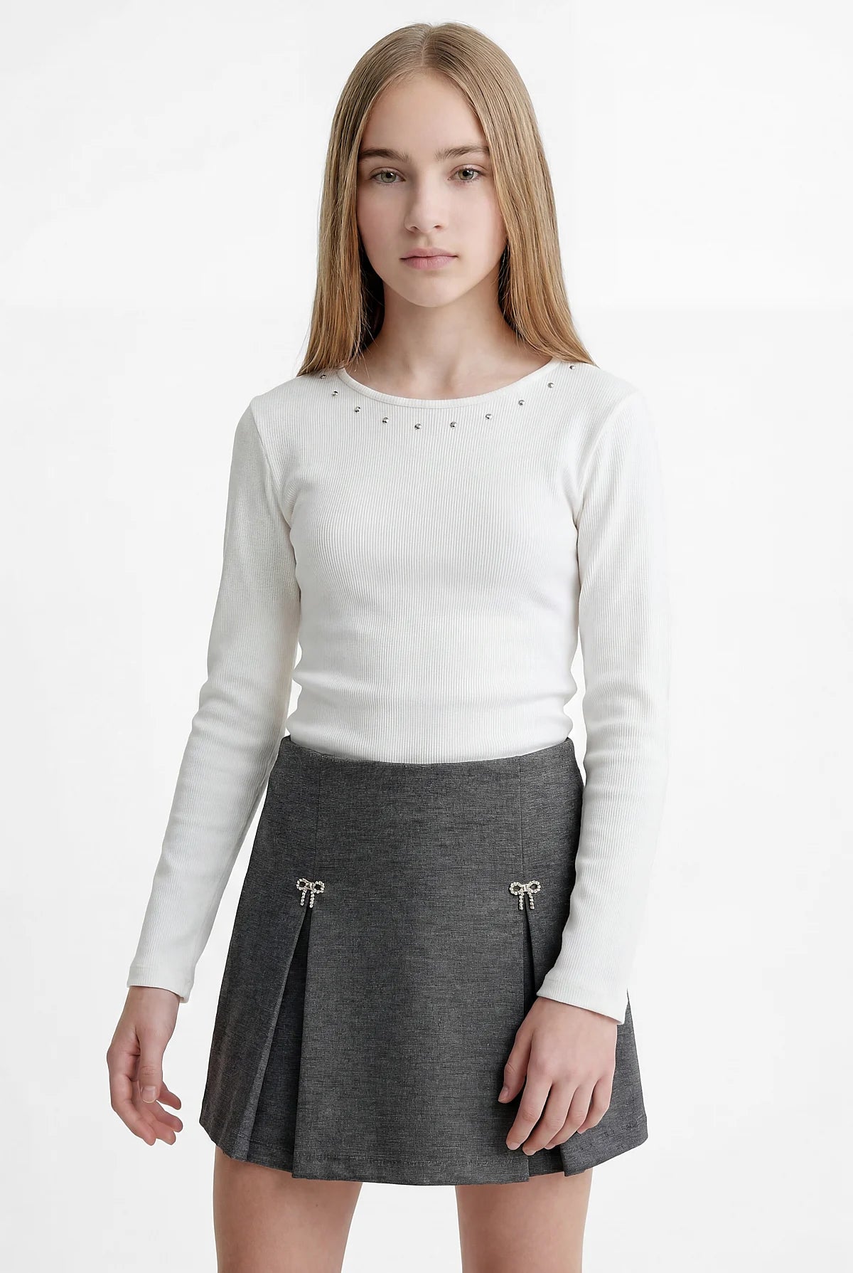 Girl's Blouse with Sparkling Stone Embellishment Around the Neckline