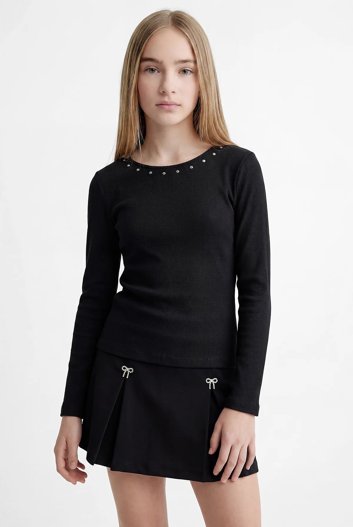 Girl's Blouse with Sparkling Stone Embellishment Around the Neckline