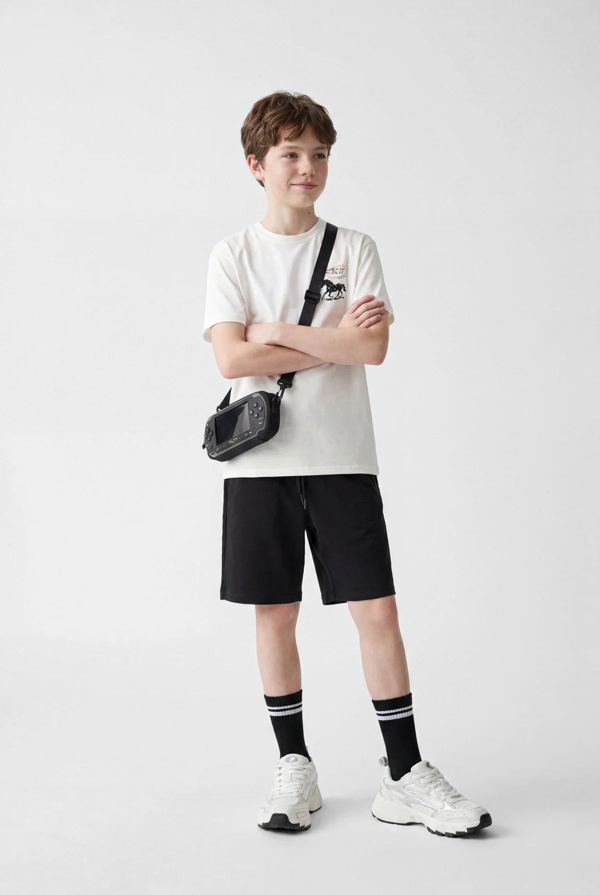 Boys' Oversize T-Shirt with Horse Print on Chest and Crew Neck