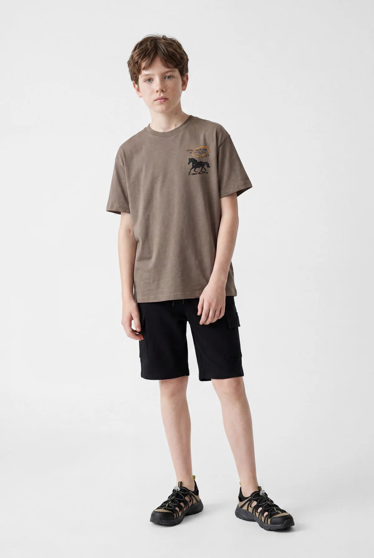 Boys' Oversize T-Shirt with Horse Print on Chest and Crew Neck
