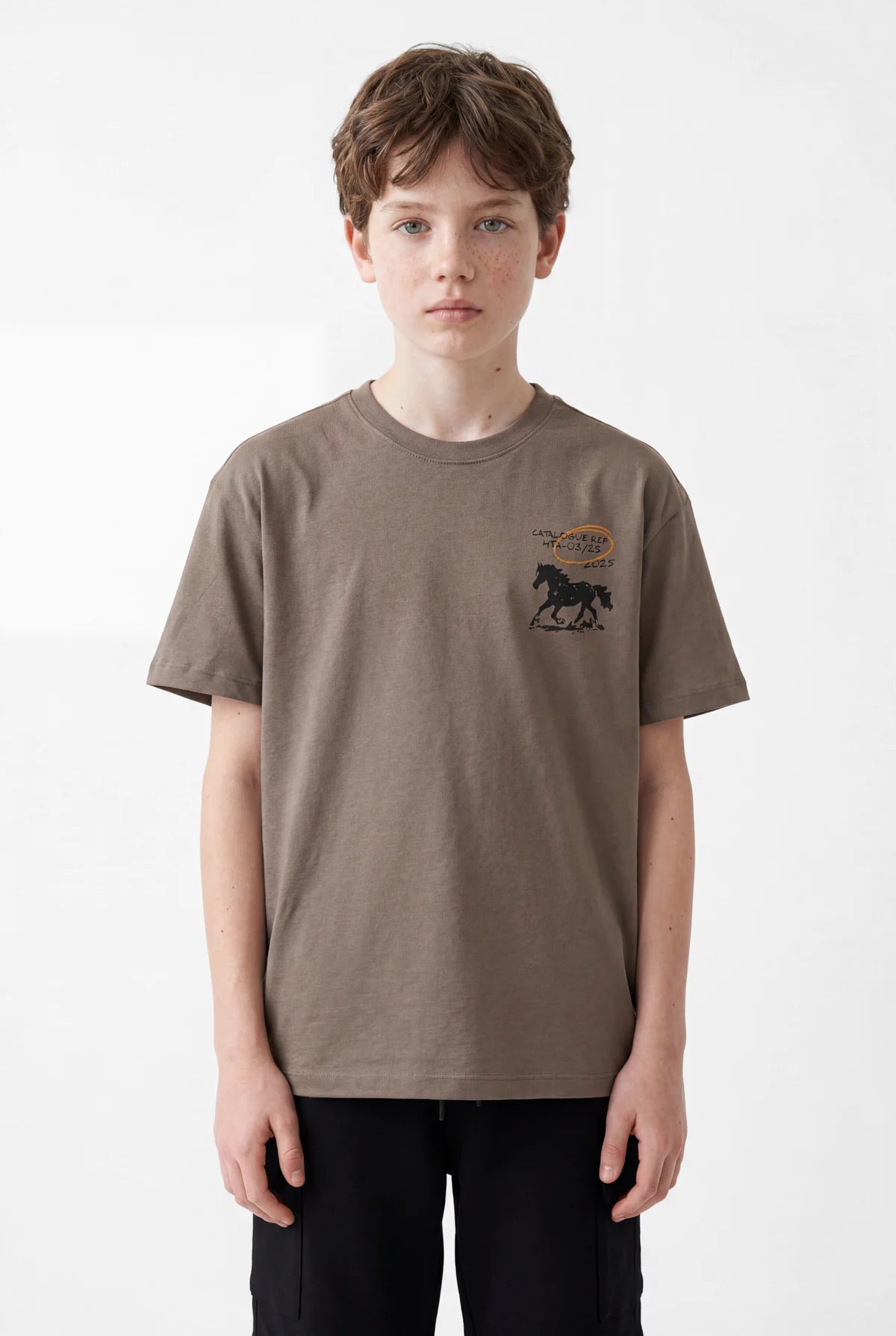 Boys' Oversize T-Shirt with Horse Print on Chest and Crew Neck