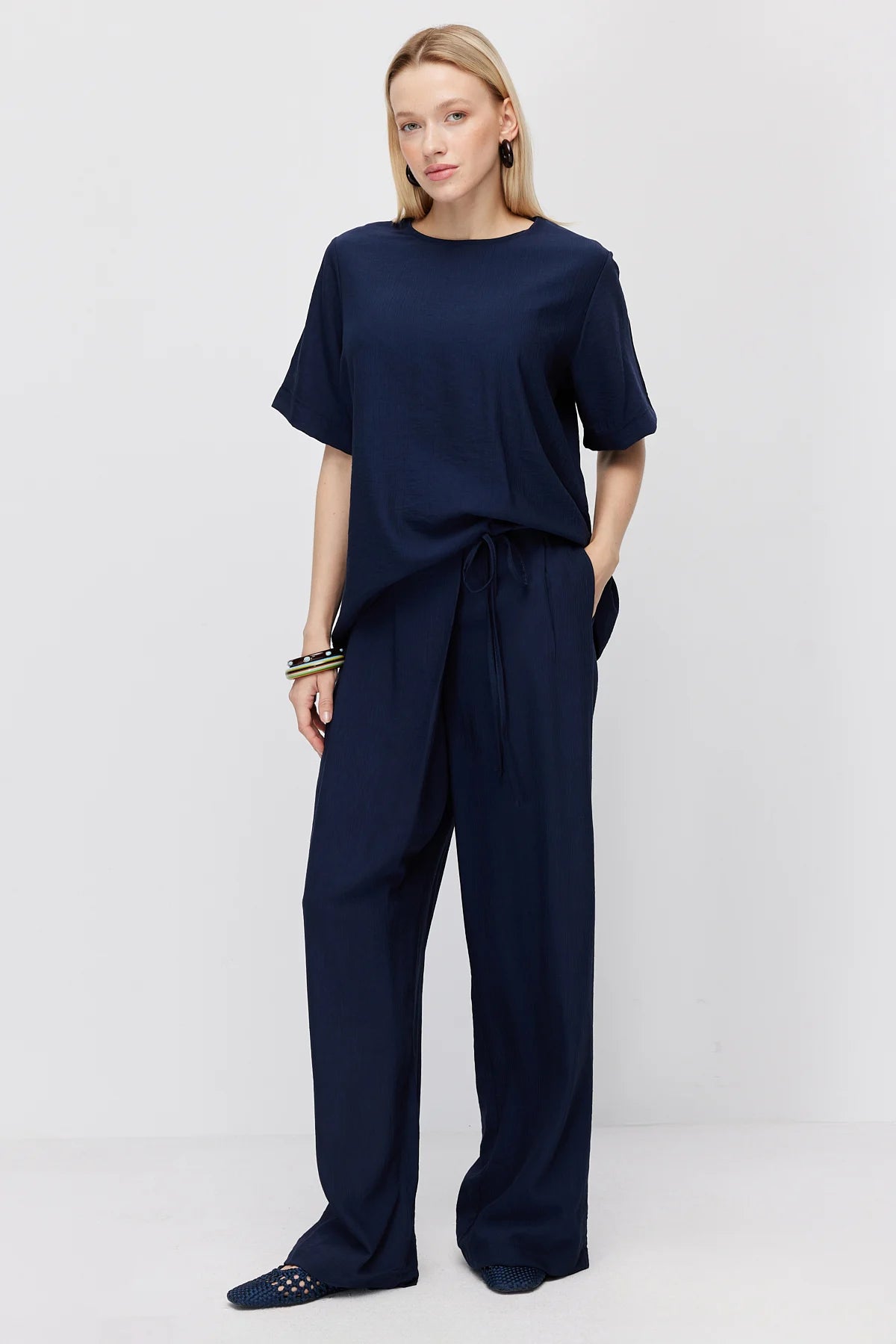 Women's Crinkle Wide Leg Double-Breasted Tie-Up Trousers