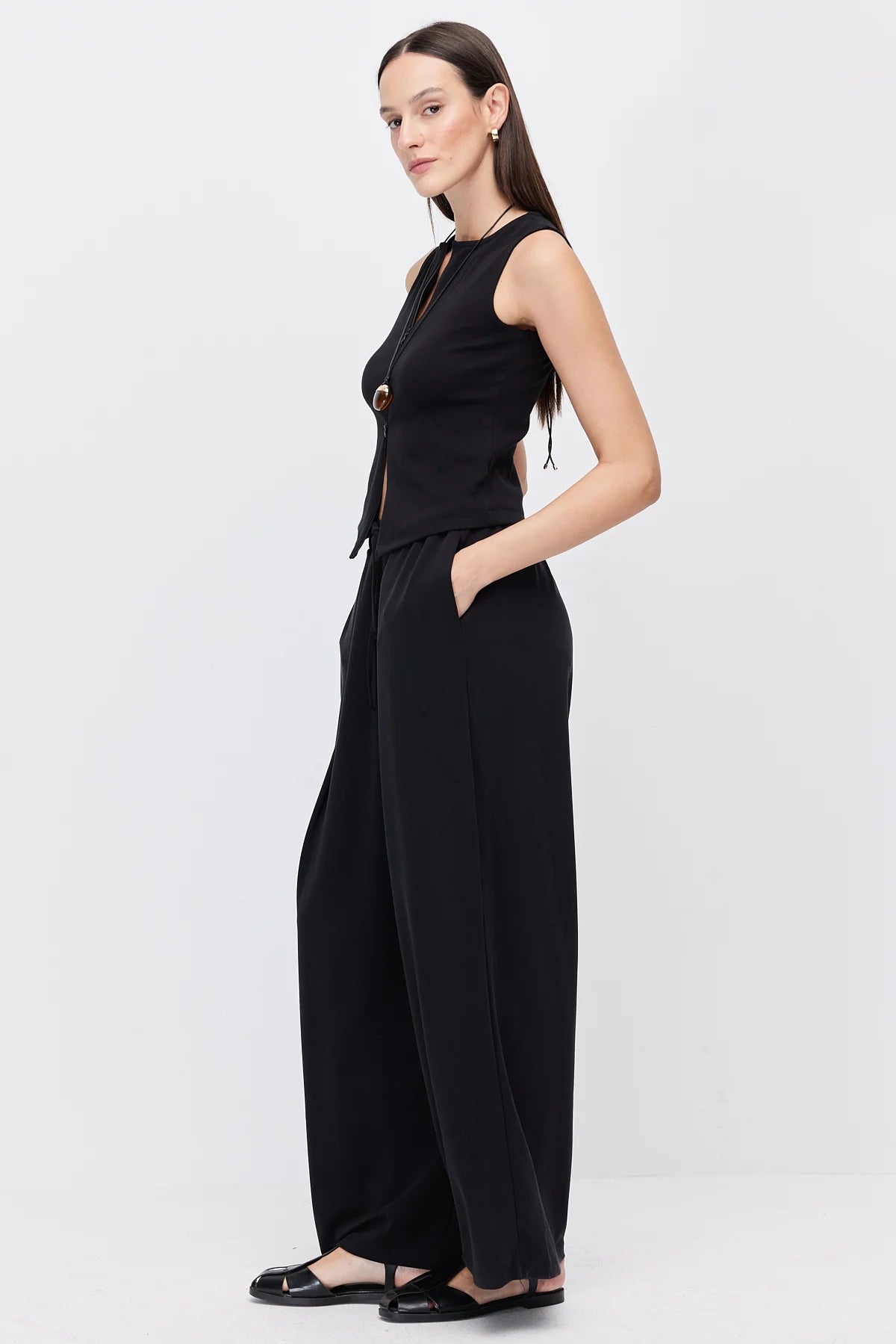 Women's Wide-Leg Trousers with Lace-Up Detail